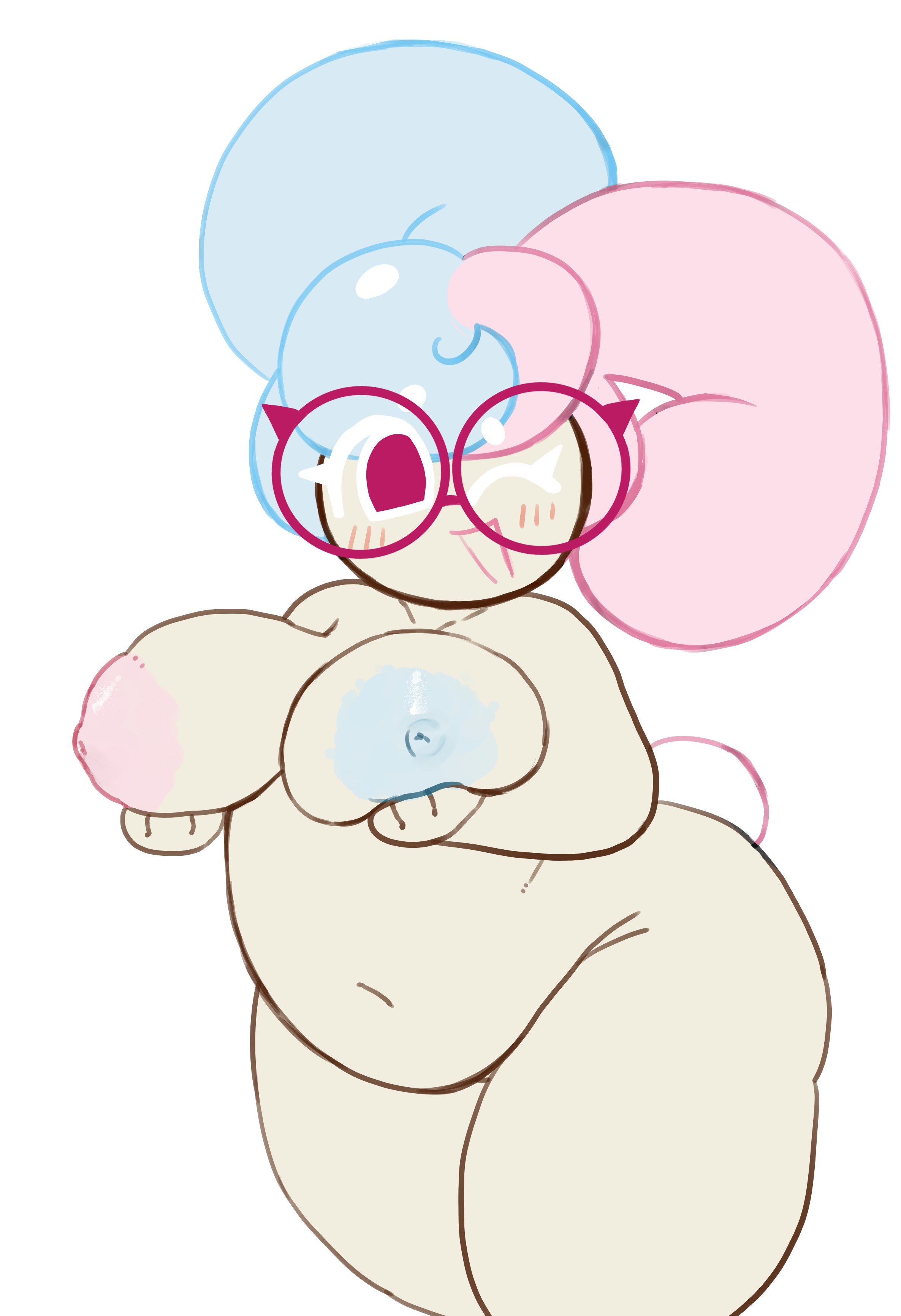 1girls, blush, bunny, bunny ears, bunny girl, bunny tail, chubby, chubby female, completely nude female, cookie run, cookie run kakao, cookie run kingdom, female only, glasses, glasses only, holding breast, light-skinned female, magpiered, magpieredd, marshmallow bunny cookie, multicolored hair, multicolored nipples, one eye closed