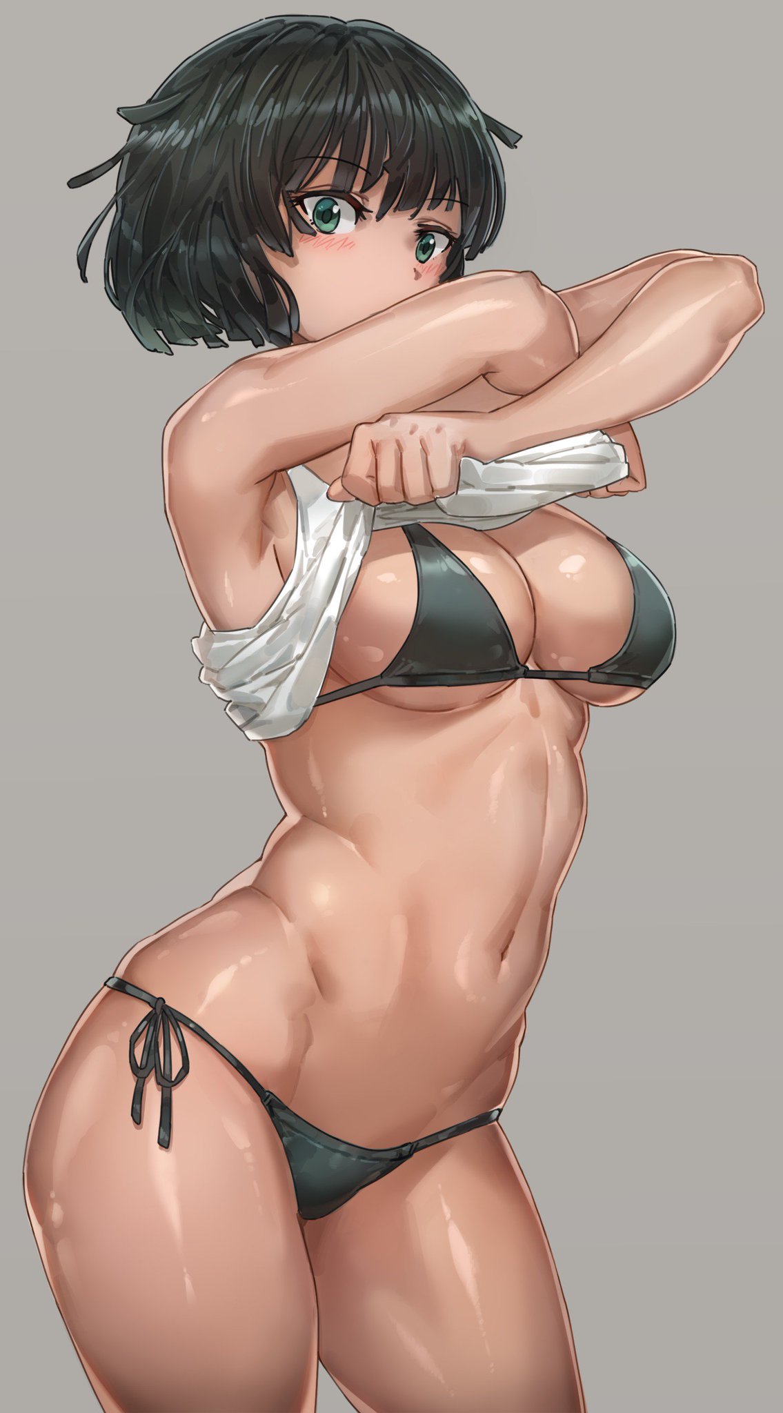 1girls abs ass belly bra breasts cleavage dark-skinned_female dark_skin fubuki_(one-punch_man) green_eyes green_hair one-punch_man short_hair side-tie_bikini undressing yohan1754