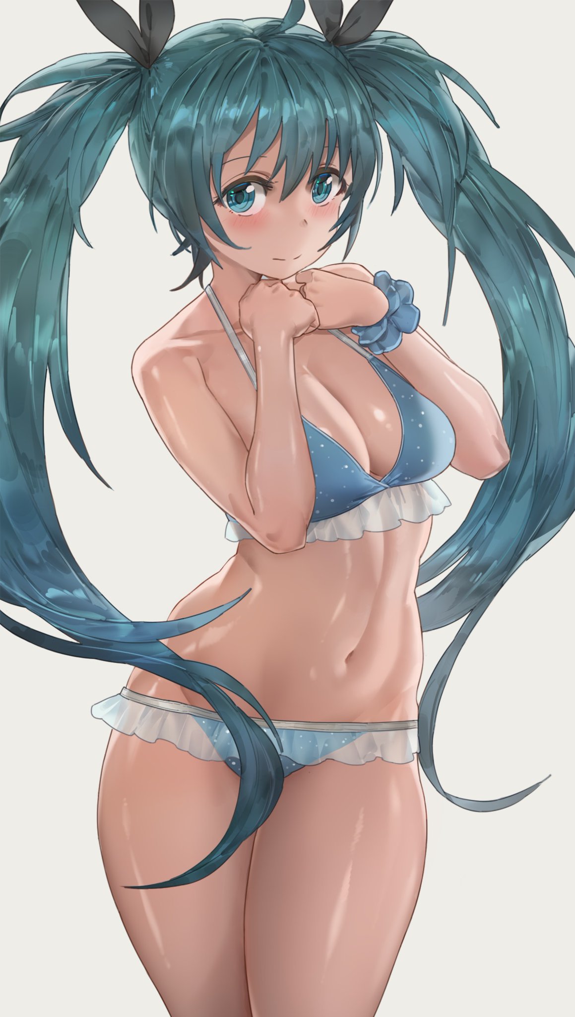 1girl 1girls bikini blue_bikini blue_eyes blue_hair bra female frilled_bikini hatsune_miku panties twintails vocaloid yohan1754