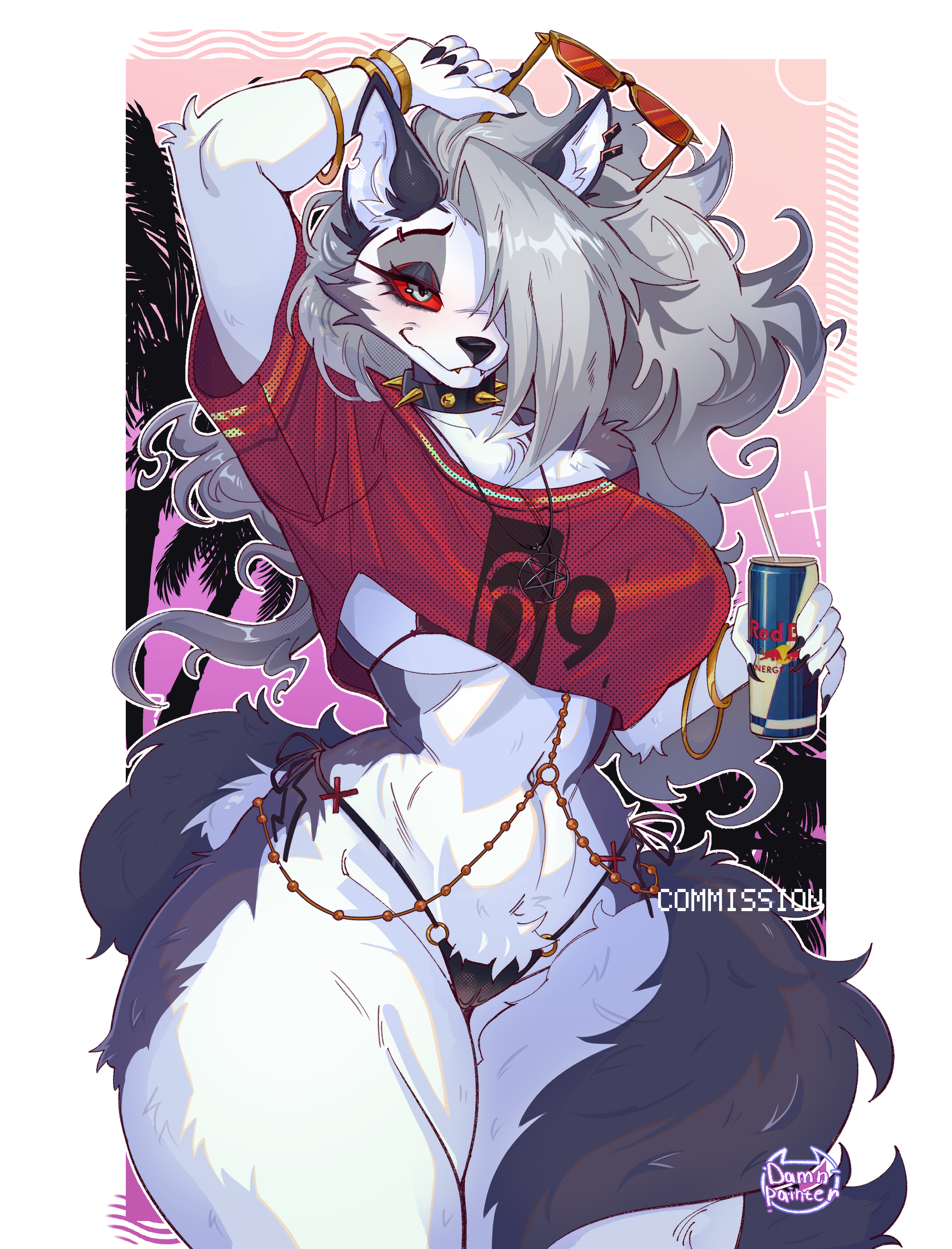 anthro, arm bracelets, arms behind head, big ass, big breasts, big thighs, bikini, black bra, black panties, collar, crop top, damnpainter, ear piercing, female, female only, grand theft auto, grand theft auto vi, gta vi cover girl (cosplay), helluva boss, jewelry, looking at viewer, loona (helluva boss), red bull, solo female, spiked collar, sunglasses, tail, underboob
