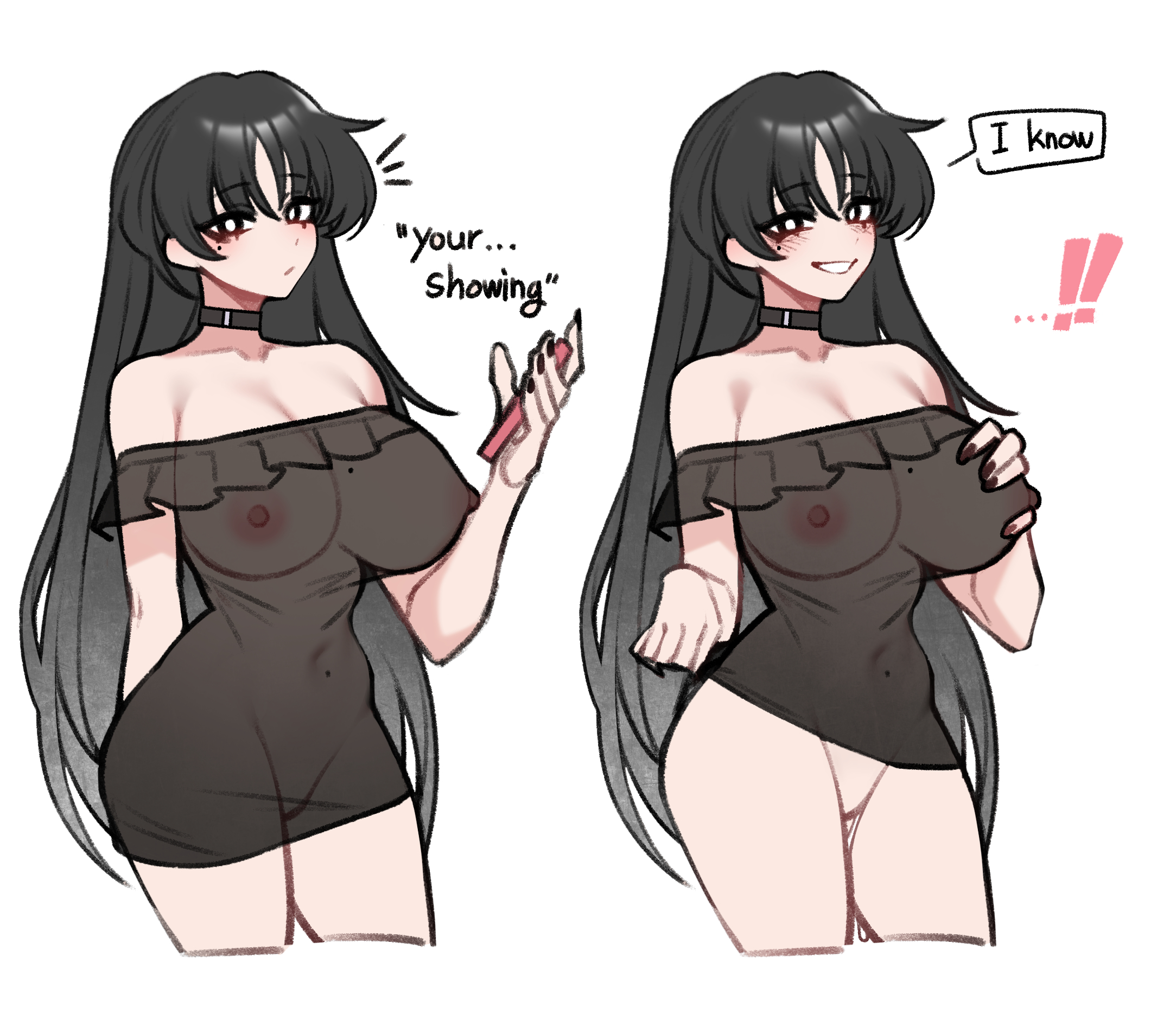 !, !!, 1girl, bare shoulders, black choker, black dress, black eyes, black hair, black nails, borrowed character, breasts, bright pupils, choker, cleavage, collarbone, commentary, commission, cowboy shot, cropped legs, dogs (dlrkdejr26), dress, english text, grin, hand on own chest, highres, holding, holding phone, korean commentary, large breasts, long hair, looking at viewer, mole, navel, nightgown, nipples, no panties, off shoulder, off-shoulder dress, original, phone, pussy, pussy juice, pussy juice trail, see-through clothes, see-through dress, see-through shirt, shirt, simple background, smile, speech bubble, very long hair, white background, white pupils