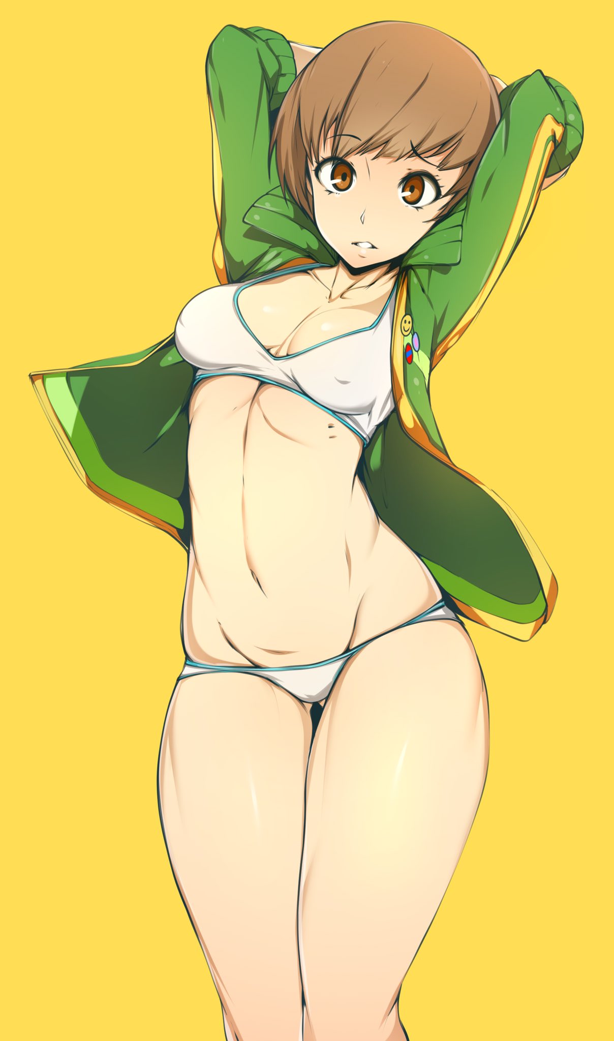 1girls, 2d, abs, arms behind head, atlus, breasts, breasts apart, brown eyes, brown hair, casual, cleavage, collarbone, erect nipples, eyebrows visible through hair, female, gluteal fold, green jacket, highres, hip bones, human, jacket, legs together, looking at viewer, matching hair/eyes, medium breasts, megami tensei, navel, nipples, outerwear, panties, parted lips, persona, persona 4, satonaka chie, sega, shiny, shiny hair, shiny skin, short hair, simple background, slugbox, sports bra, sportswear, standing, thighs, topwear, track jacket, underwear, white panties, wide hips, yellow background