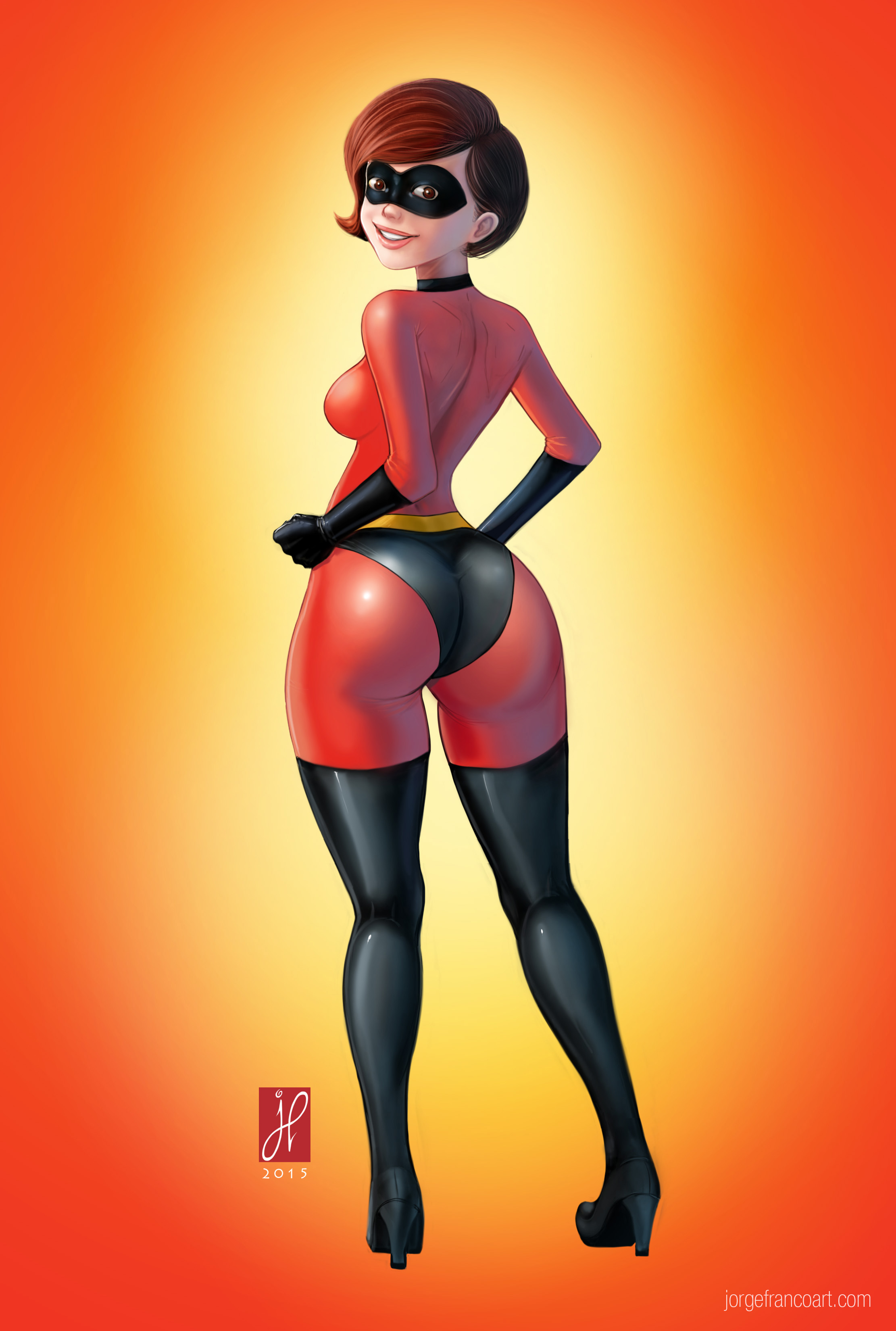 1girls, ass, big ass, black boots, bodysuit, boots, breasts, clothed, costume, curvy, disney, elastigirl, female, female only, fully clothed, gloves, helen parr, high heel boots, huge ass, huge butt, jorgefranco, looking back, milf, pixar, plump, short hair, smooth skin, solo, the incredibles, thick thighs, thigh boots, wide hips