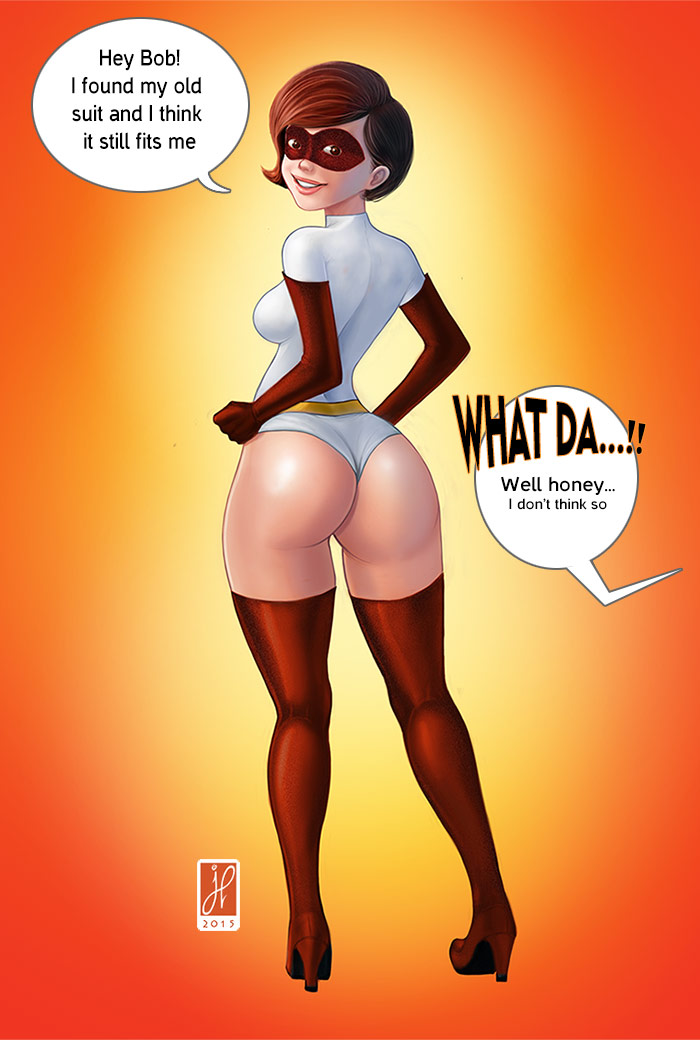 alternate costume, alternate version available, ass, big ass, bodysuit, boots, breasts, clothed, costume, curvy, disney, duplicate, elastigirl, elastigirl (original supersuit), elbow gloves, female, female only, fully clothed, gloves, helen parr, high heel boots, huge ass, huge butt, it still fits, jorgefranco, male, milf, mr. incredible, offscreen male, pixar, plump, red boots, robert parr, short hair, smooth skin, solo, text, the incredibles, thick thighs, thigh boots, wide hips