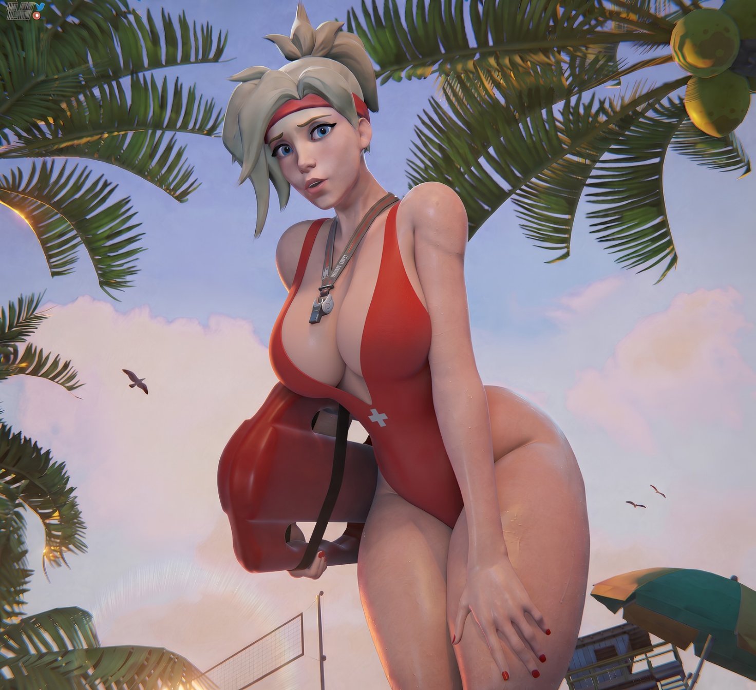 1girls, 3d, 3d (artwork), alternate costume, big breasts, blonde hair, blue eyes, female, female focus, female only, hasfeldt, highres, large breasts, leaning forward, lifeguard, lifeguard mercy, lifeguard swimsuit, light skin, light-skinned female, mercy, one-piece swimsuit, overwatch, overwatch 2, solo, source request, swimsuit, thick thighs