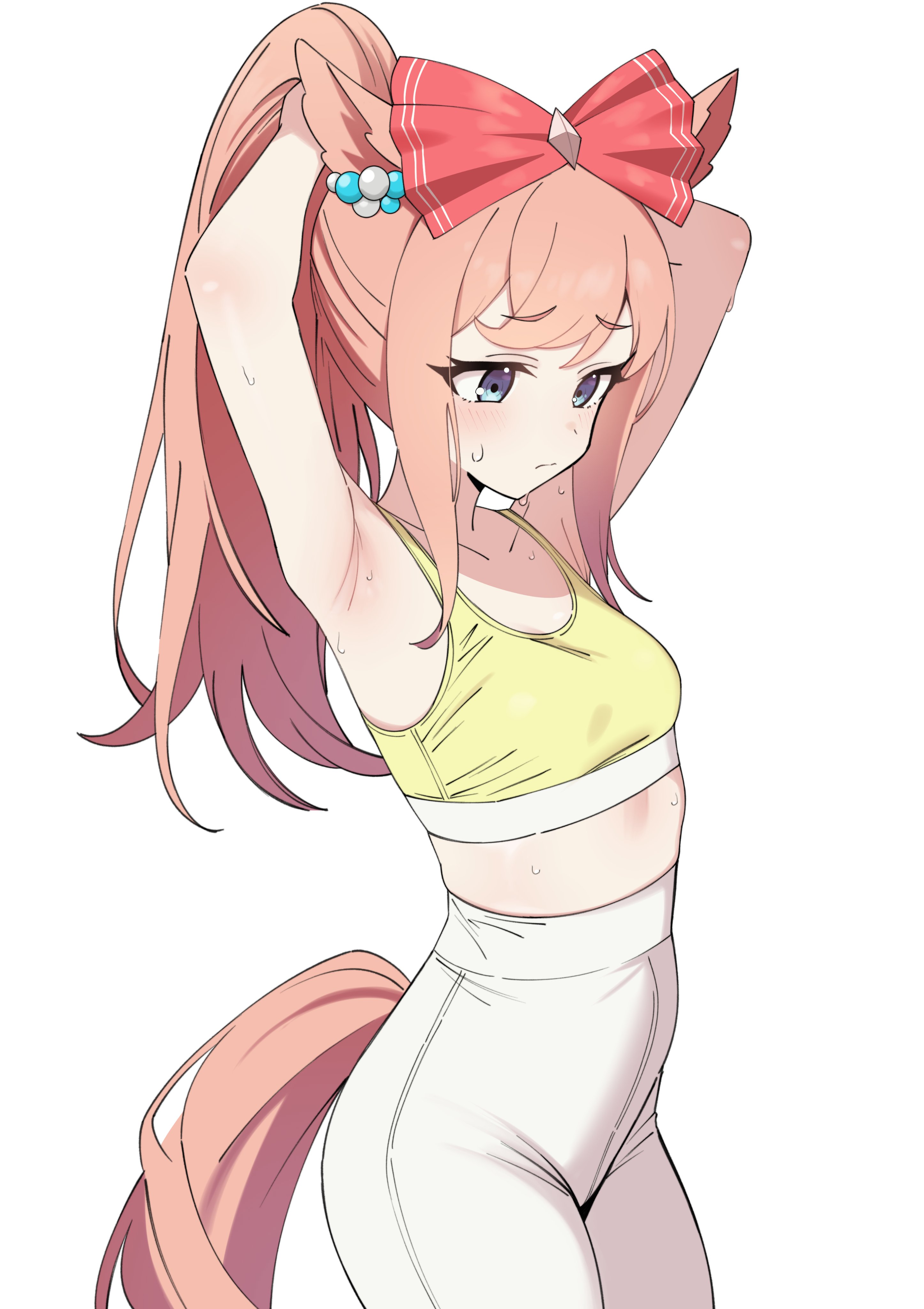 1girl, agnes digital (umamusume), armpits, arms behind head, arms up, artist request, blue eyes, blush, closed mouth, gym pants, horse ears, horse girl, horse tail, long hair, pink hair, ponytail, small breasts, solo, sweat, tying hair, umamusume, umamusume pretty derby, white pants, yellow sports bra