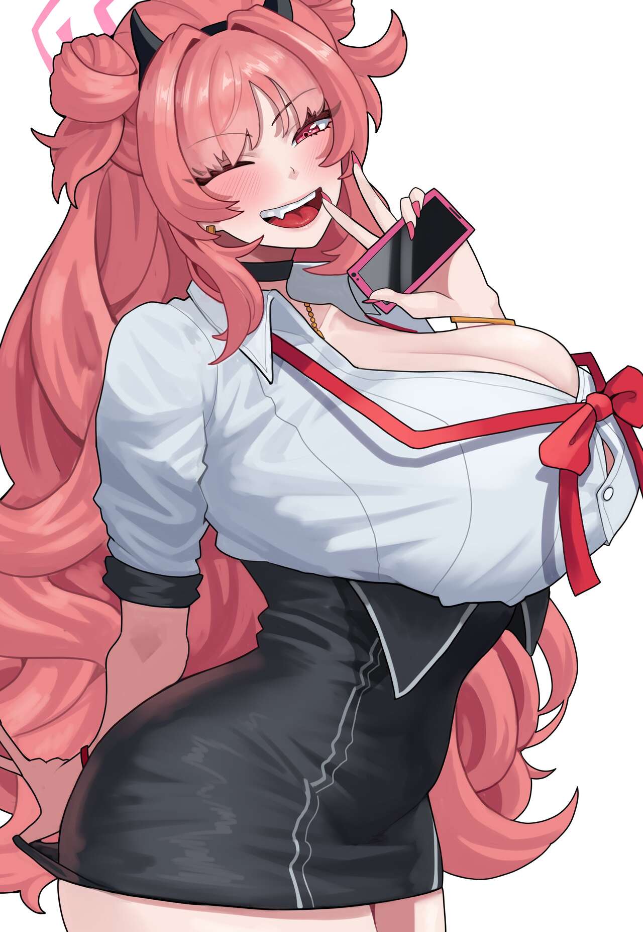 1girls, arapanchi, big ass, big breasts, black skirt, blue archive, button gap, cleavage, curly hair, curvy figure, fangs, female, female only, gehenna academy student, gyaru, hair bun, headband, kirara (blue archive), light skin, light-skinned female, one eye closed, phone, pink eye, pink hair, school uniform, shirt, skirt, skirt tug, smartphone, solo, sparkle club (blue archive), white shirt, wink