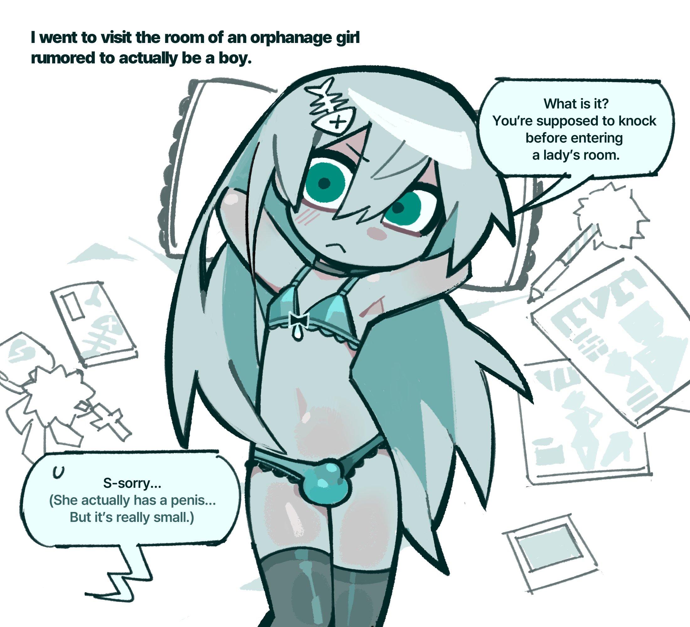 1boy, bulge, crossdressing, crossdressing (mtf), degrees of lewdity, femboy, jade (suckillpak), lace, lace bra, lace panties, lace trim, lace-trimmed panties, long hair, male, male focus, panties, player character (degrees of lewdity), player character (male) (degrees of lewdity), solo, suckillpak, thighhighs, trap, underwear