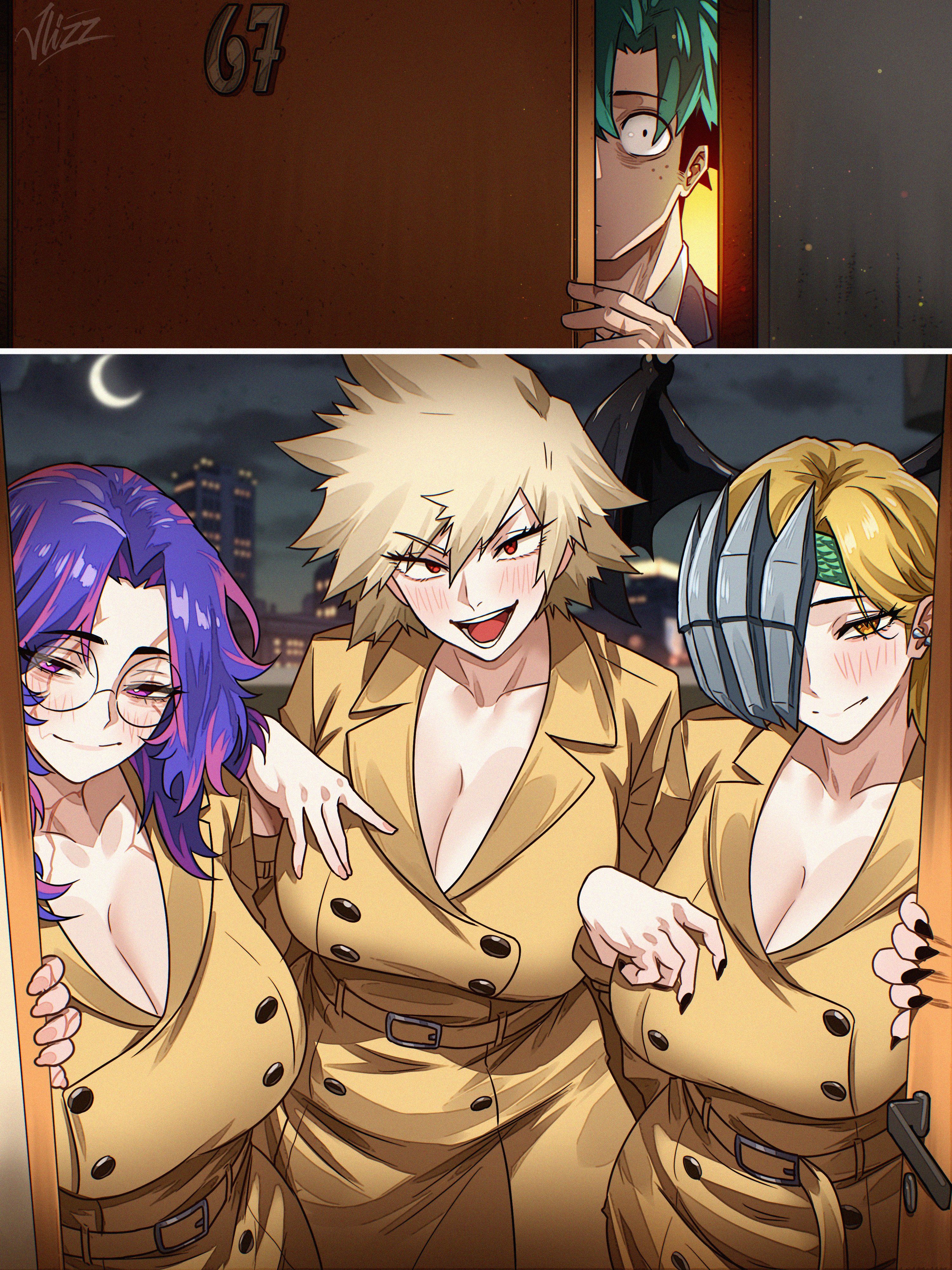 1boy, 3girls, bakugou mitsuki, big breasts, blonde hair, blonde hair female, breasts, door, dragon girl, green hair, green hair male, horny, horny female, kaina tsutsumi, lady nagant, midoriya izuku, milf, moon, my hero academia, night, night sky, purple hair, purple hair female, ryuukyuu, scared, scared male, sharp claws, tatsuma ryuuko, trenchcoat, two-tone hair, vlizz