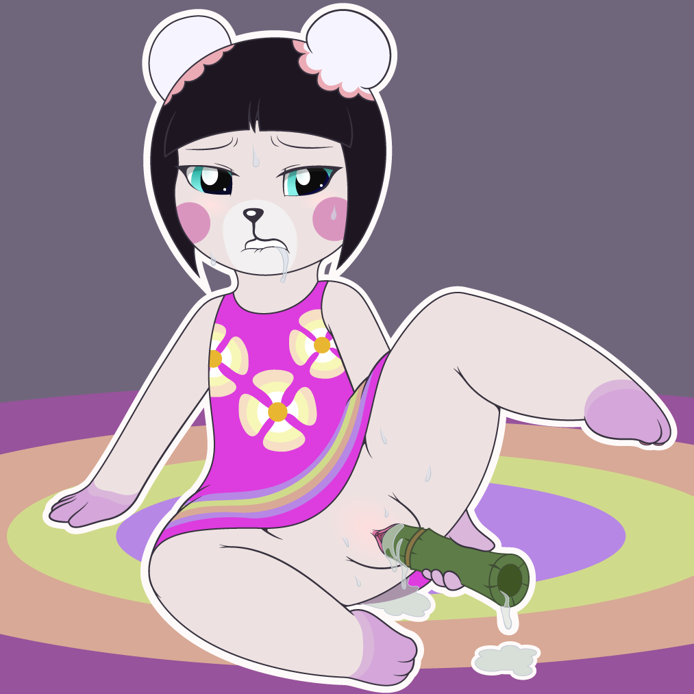 2018 animal_crossing anthro ass bamboo bear biped biting_lip blush bottomless bun_cover clothed clothing colored double_bun drooling eyelashes female fur gloves_(marking) hair half-closed_eyes improvised_dildo improvised_sex_toy infamousrel mammal markings masturbation nintendo object_insertion pekoe_(animal_crossing) penetration pokeandpenetrate pussy pussy_juice saliva sex_toy shirt short_hair simple_background snout socks_(marking) solo spread_legs spreading sweat toes vaginal_penetration video_games white_fur