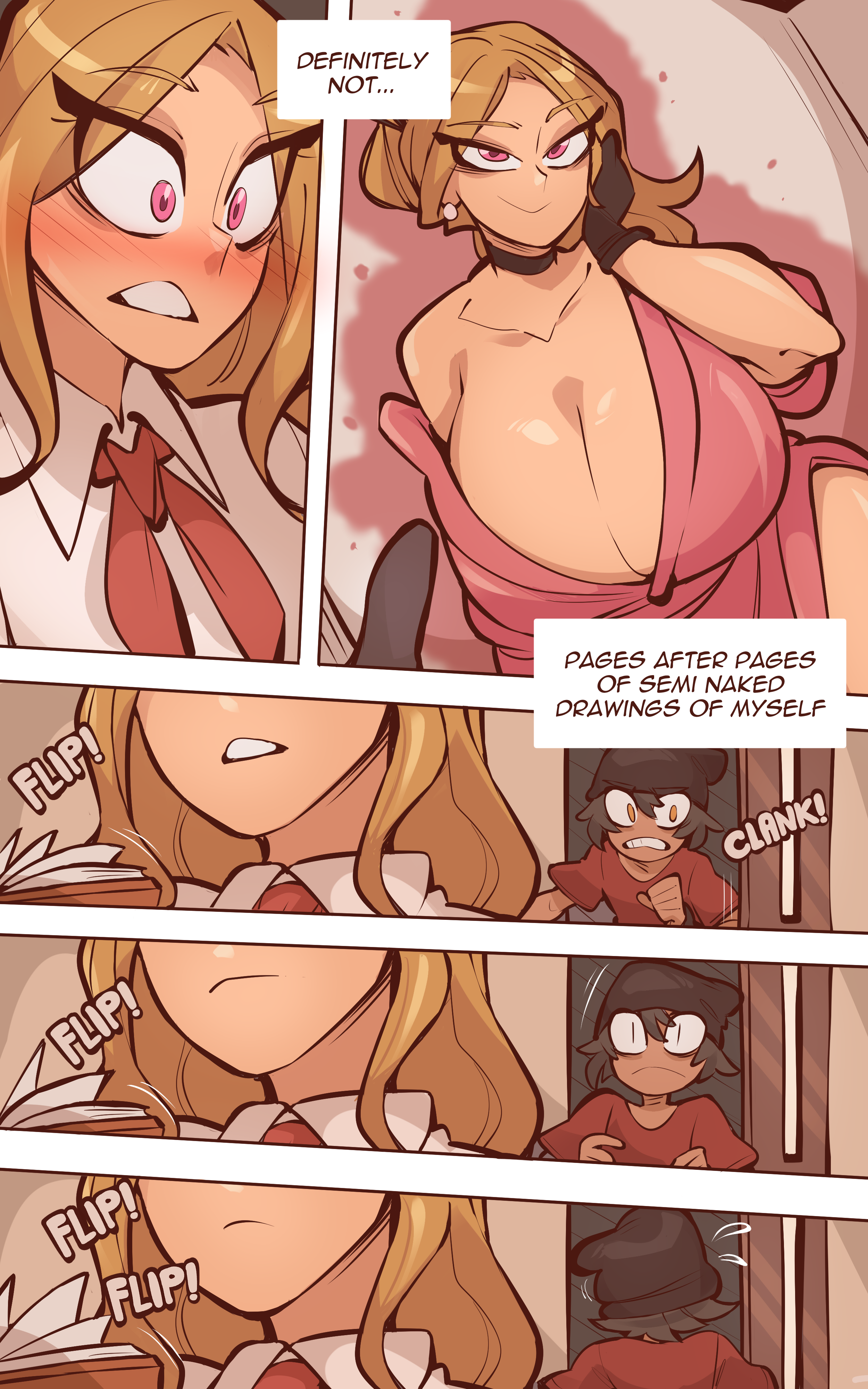 1girls, big breasts, blushing, busty, clothed, clothed female, curvaceous, curvy, english text, hourglass figure, human, human only, large breasts, max gilman (saucymojo), onomatopoeia, pink eyes, pov, saucymojo, tatiana arkwright (saucymojo), teacher, teacher female, text, text box