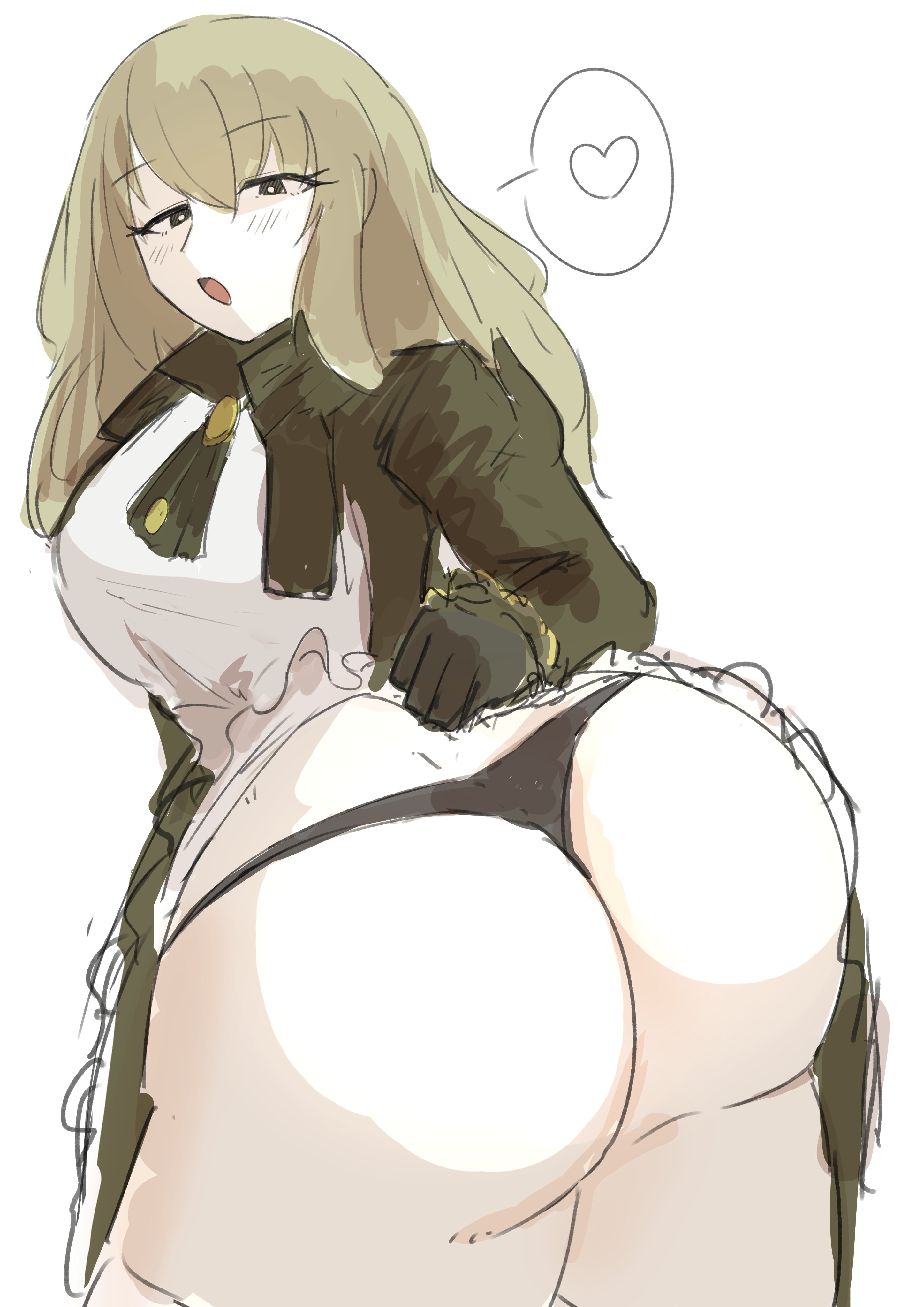 1girl, 2d, artist request, ass focus, big butt, big thighs, black panties, black thong, blush, blushing, blushing at viewer, blushing female, brown eyes, brown hair, bubble butt, catherine (limbus company), color, colored, curvy, curvy female, curvy figure, digital media (artwork), dress lift, female, female focus, female only, from behind, gigantic ass, heart symbol, huge breasts, large ass, limbus company, long hair, looking at viewer, looking back, looking back at viewer, naughty face, open mouth, pale-skinned female, panties, parted lips, pose, posing for the viewer, presenting, presenting ass, presenting hindquarters, project moon, simple background, spoken heart, thick ass, thick thighs, thong, thong panties, thunder thighs, thunderthighs, voluptuous, voluptuous female, wide hips