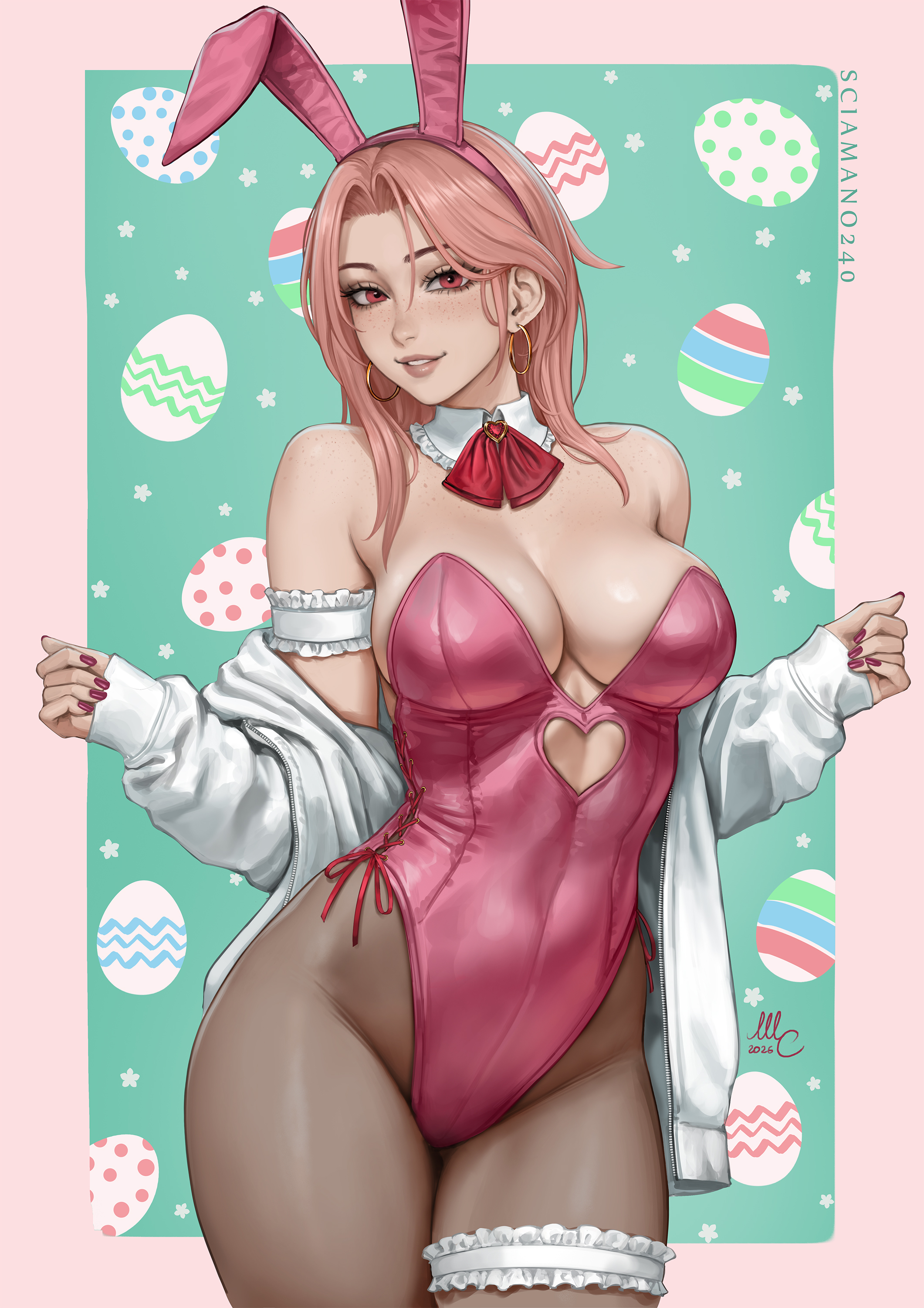 blush, bunny ear, bunnysuit, chloe (sciamano240), freckles, garter belt, hi res, high resolution, highres, large ass, large breasts, looking at viewer, pale skin, pale-skinned female, pink eyes, pink hair, sciamano240, smiling, thigh strap
