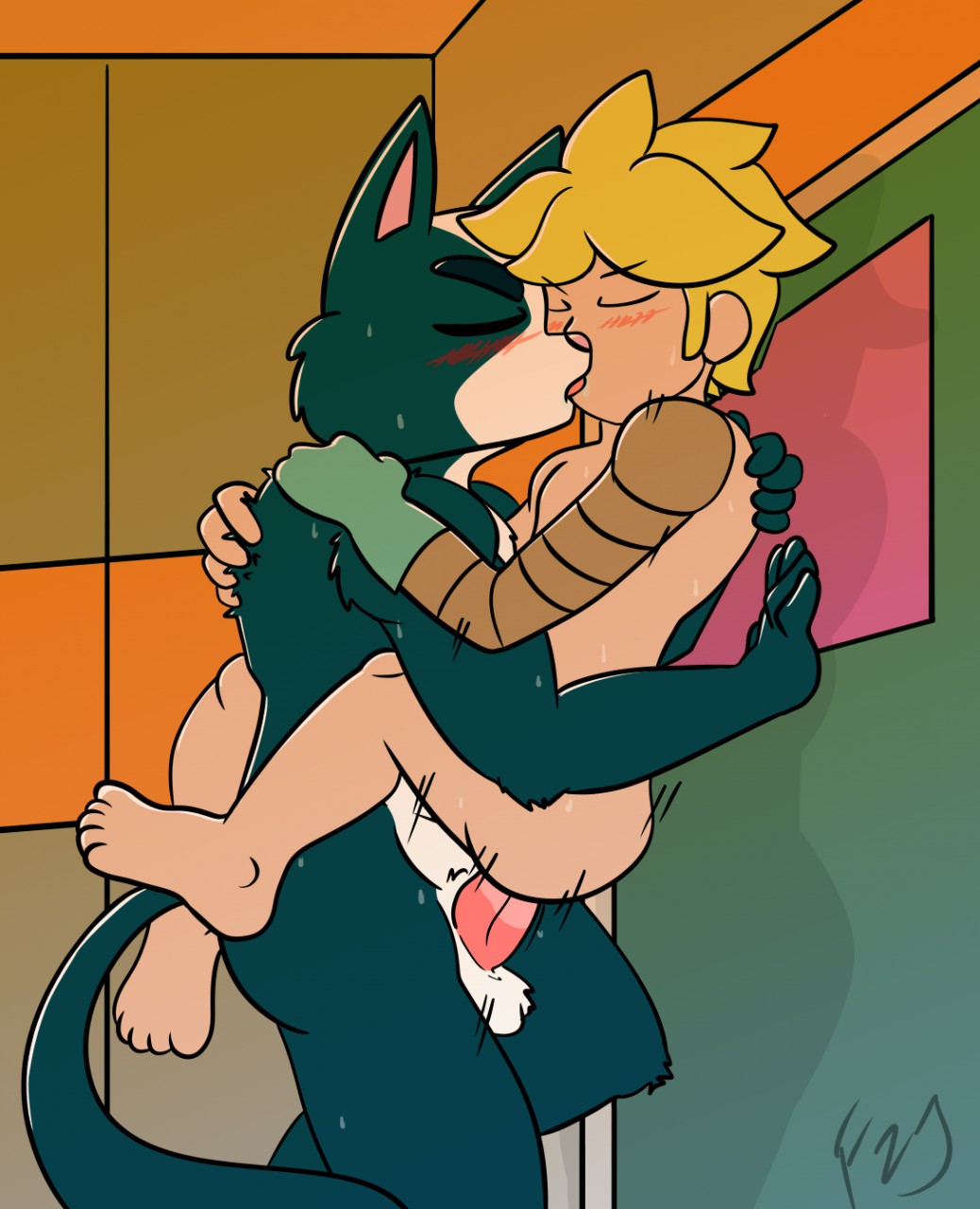 anal anthro avocato blush dialogue feline final_space foxzombiej gary_(final_space) human human_on_anthro interspecies kissing male mammal muscular nude sex sweat wall_sex yaoi