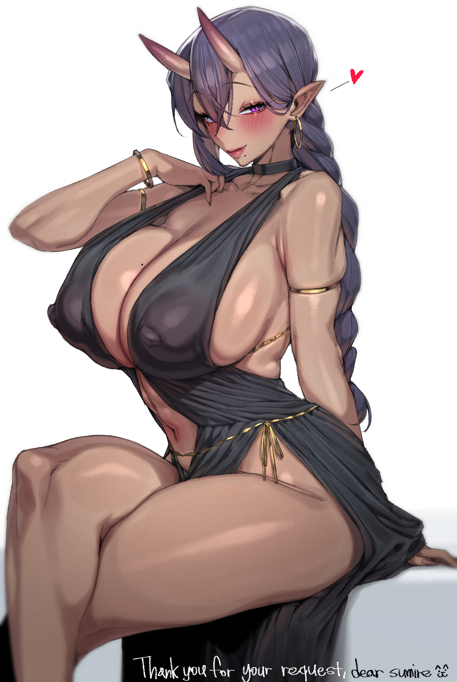 armlet, bare shoulders, blush, bracelet, braid, breasts, cleavage, covered erect nipples, dark skin, dark-skinned female, dress, female only, heart, horns, huge breasts, jewelry, long hair, oni, original, orrrca1701, pink eyes, pointy ears, purple hair, smile, solo
