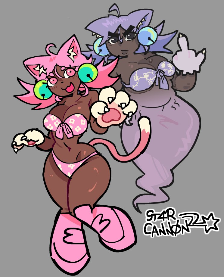 2girls, bikini, chubby female, dark-skinned female, dark-skinned females, deltarune chapter 5, ghost, irritable ghost (deltarune), mad mew mew, mew mew (undertale), pink (deltarune), race swap, rude gesture, slim female, st4rcannon