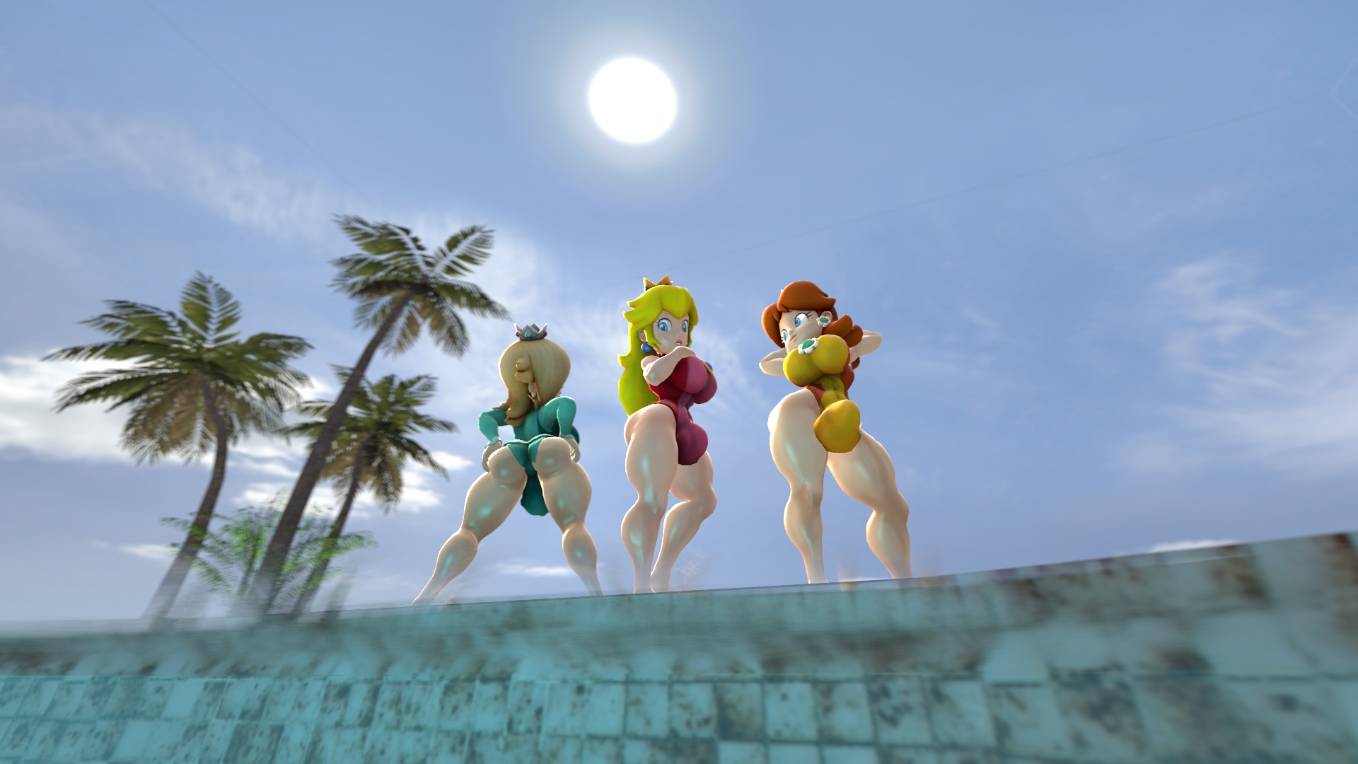 3d, 3d (artwork), 3futas, arms behind head, ass, back, balls, bare arms, bare legs, big ass, big balls, big breasts, big butt, big penis, blonde hair, blue eyes, breasts, brooch, bulge, crown, curvy, earrings, flower earrings, futa only, futanari, ginger hair, hands behind head, intersex, kabalmystic, kabalmystic (style), light skin, light-skinned futa, lips, lipstick, long hair, long sleeves, mario (series), nintendo, outside, palm tree, penis, platinum blonde hair, princess daisy, princess daisy (gymnastics), princess peach, princess peach (gymnastics), princess rosalina, princess rosalina (gymnastics), self upload, shocking (artist), shoulder length hair, sleeved leotard, sleeveless leotard, source filmmaker, star earrings, summer, super mario galaxy, super mario land, swimsuit, thick, thick ass, thick butt, thick hips, thick penis, thick thighs, trio, wide hips