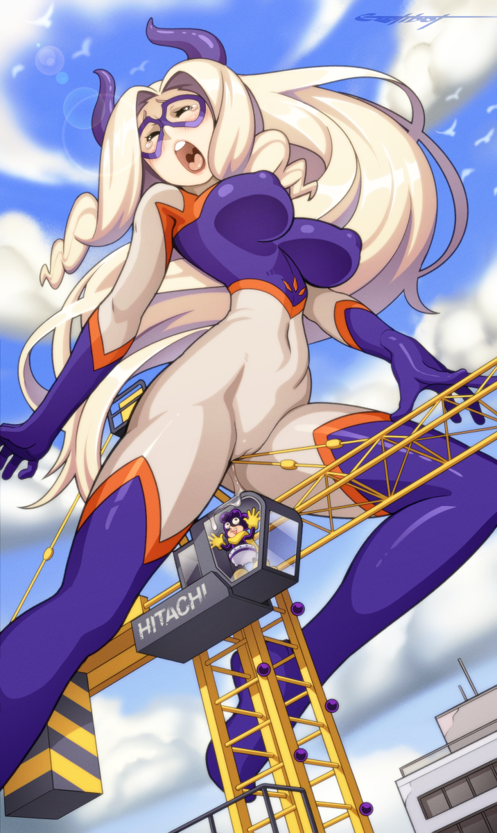 1boy 1girls areola_bulge blonde_hair blue_sky bodysuit breasts cameltoe covered_navel crane crotch_rub erect_nipples erotibot female_masturbation giantess hi_res horns large_breasts long_hair masturbation masturbation_through_clothing minoru_mineta mount_lady my_hero_academia open_mouth pussy_juice signature skin_tight sky watermark yuu_takeyama