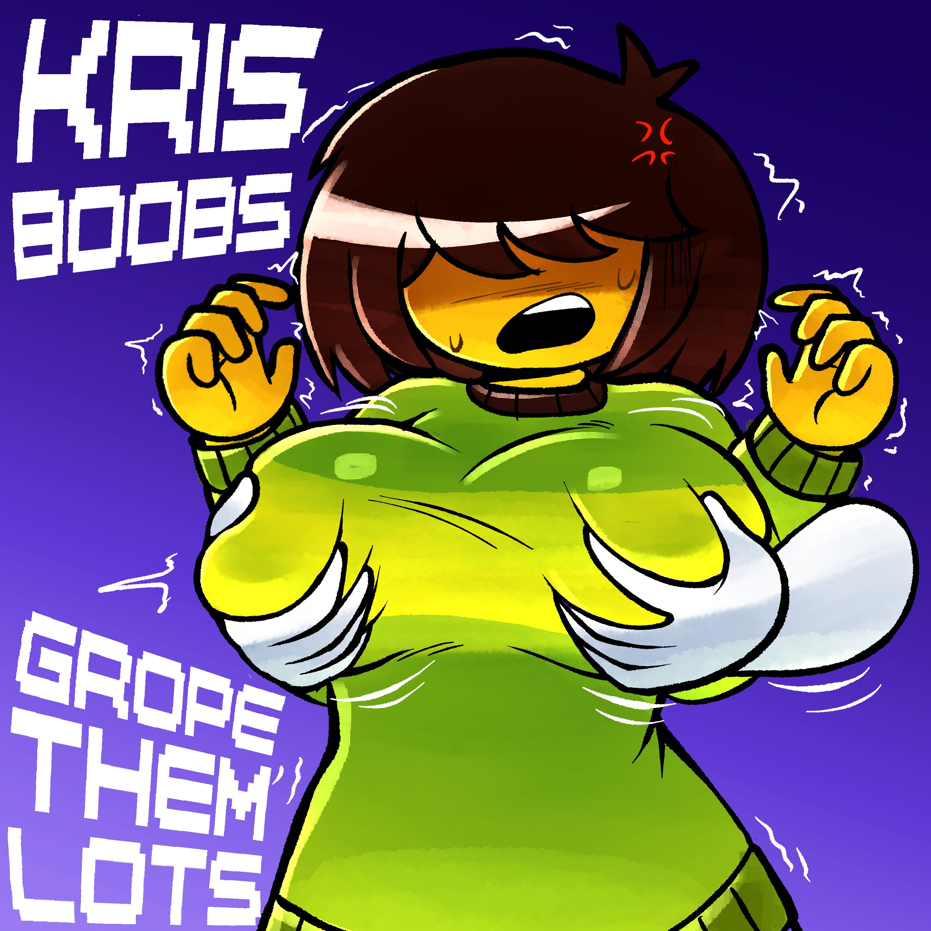 1girl, afab, angry expression, anon, anonymous character, big breasts, boobs, deltarune, from behind, grabbing breasts from behind, grabbing from behind, groping, groping breasts, groping through clothes, kris (deltarune), kris female (deltarune), nonbinary (lore), open mouth, rt afterhours, squeezing breasts, sweater