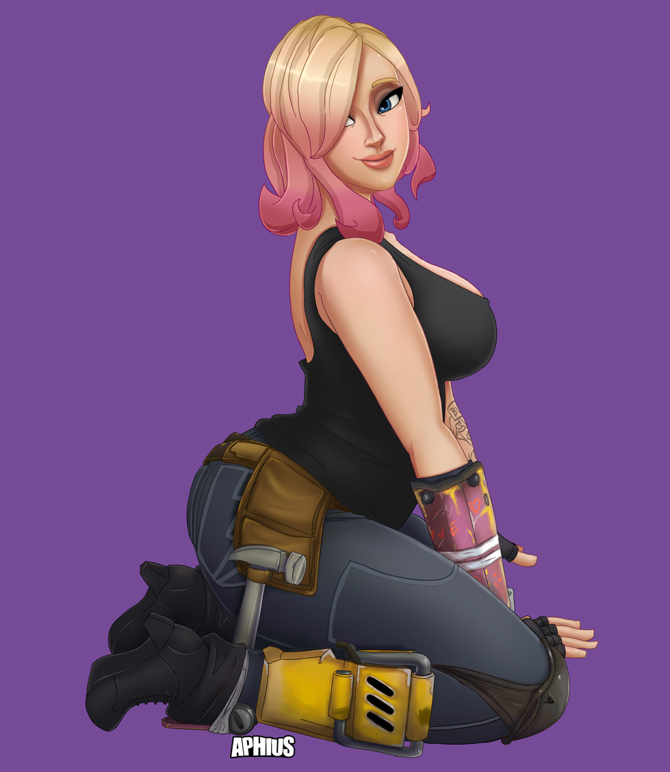 aphius arm_tattoo artist_name ass belt big_lips blonde_hair breasts clothed constructor_penny female female_only fingerless_gloves footwear fortnite fortnite:_save_the_world full_body gloves gradient_hair hair_over_one_eye half-closed_eyes hammer high_heel_boots high_heels highres huge_ass huge_breasts human jeans kneeling large_breasts pants penny_(fortnite) pink_hair purple_background side_view sideboob smile solo tank_top tattoo tool_belt tools two_tone_hair vambraces