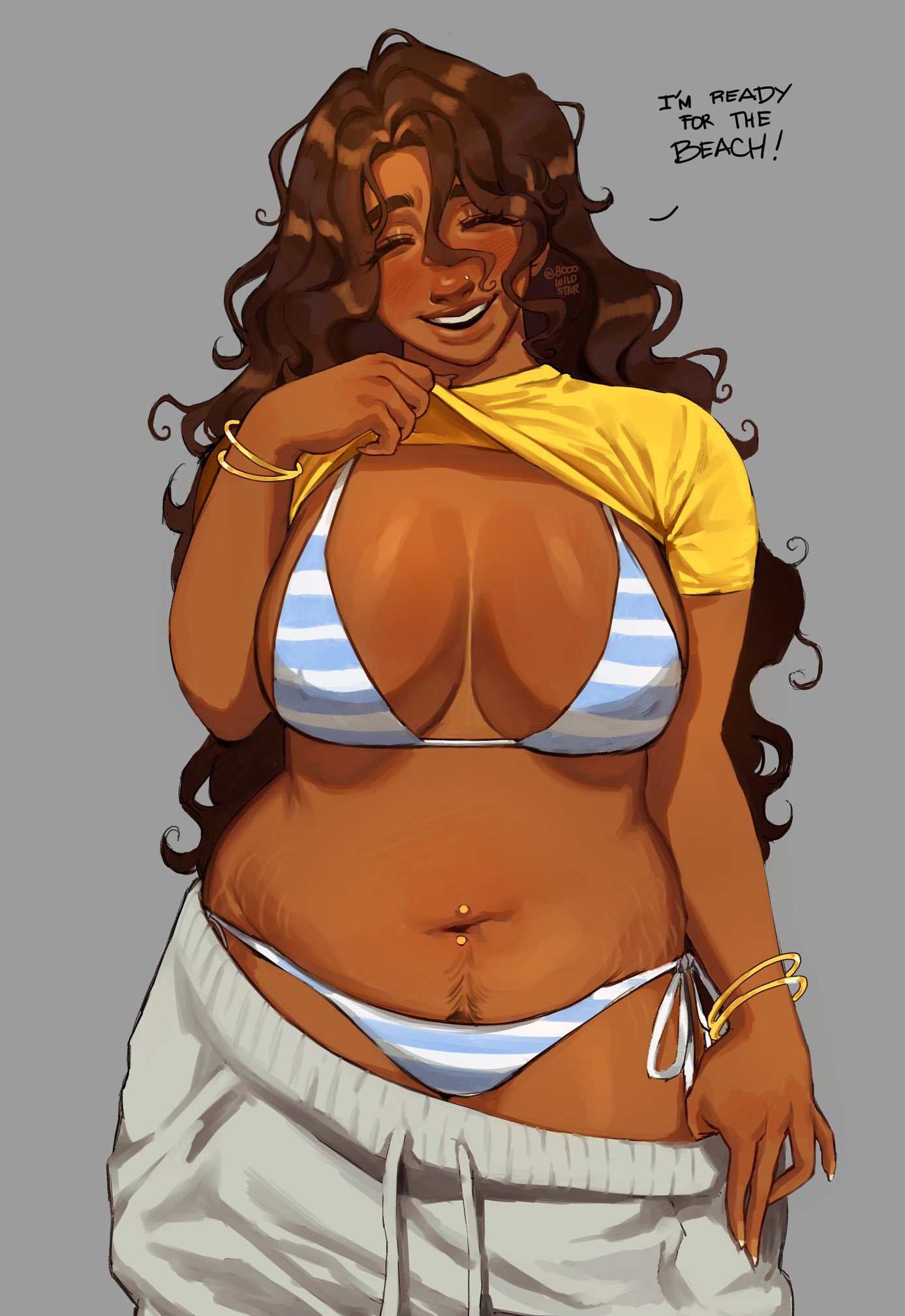 1girl, 8000wildstar, aishwarya (8000wildstar), big breasts, bikini, chubby female, happy trail, nipples visible through clothing, showing breasts, stretch marks