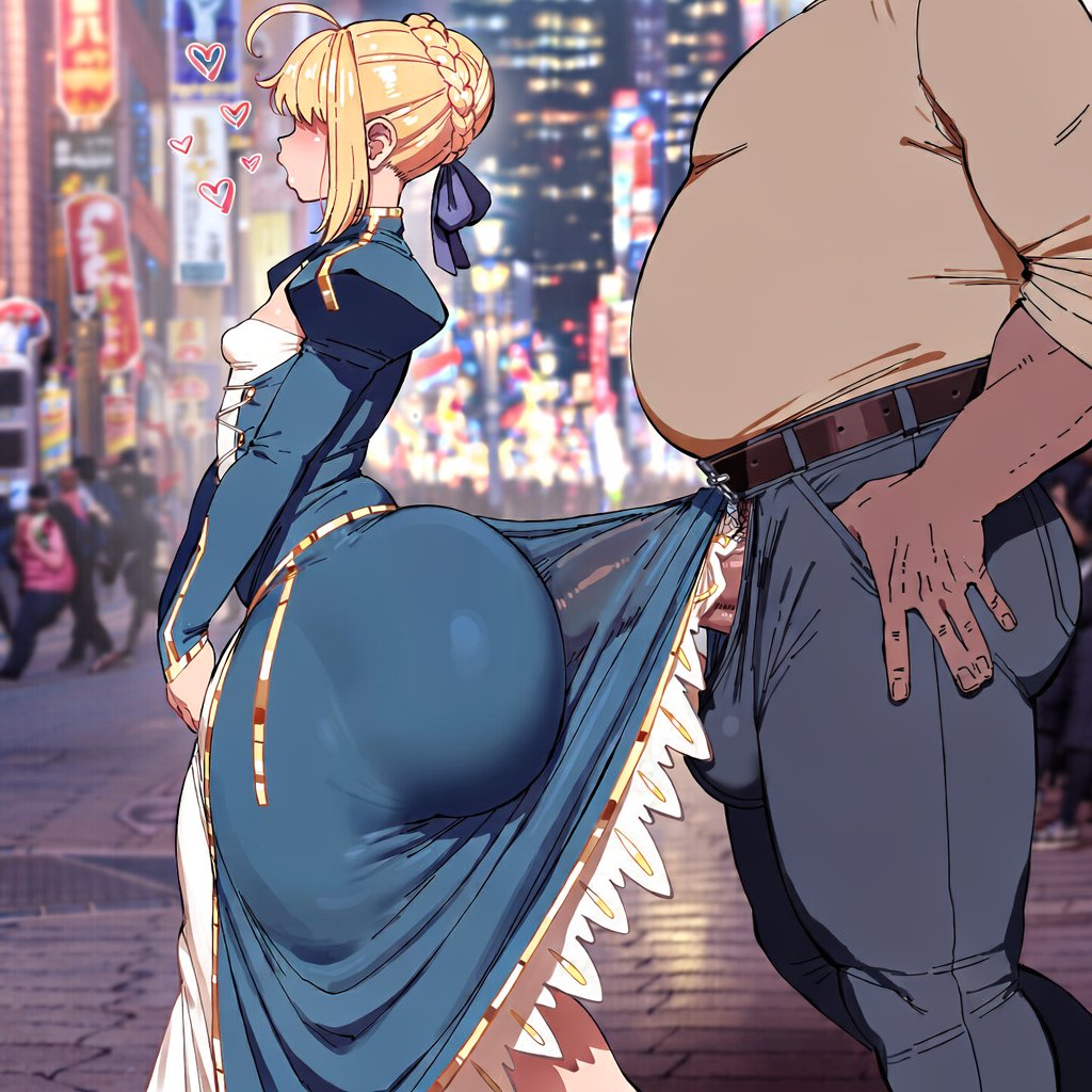 1boy, 1girl, ai generated, artoria pendragon, ass bigger than head, assjob, dark-skinned male, exhibitionism, fat male, fate (series), huge ass, hung fatso, ichimou, imminent penetration, imminent sex, ishimo, netorare, small breasts, under clothes