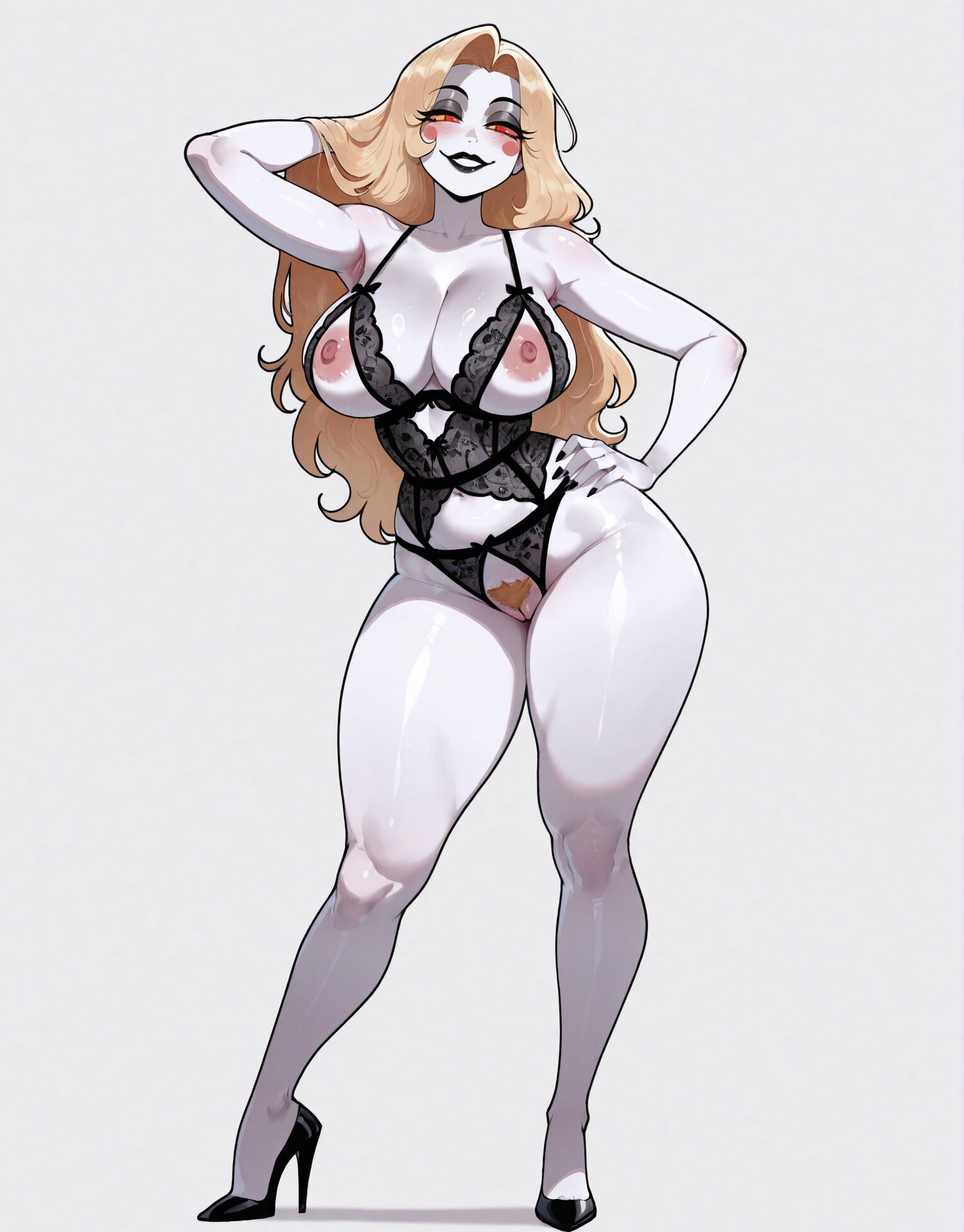 ai generated, big ass, big breasts, big thighs, black lipstick, black nails, blonde hair, charlie morningstar (hazbin hotel), curvy, hazbin hotel, high heels, lingerie, long hair, red eyes, sakaro, simple background, standing, white body