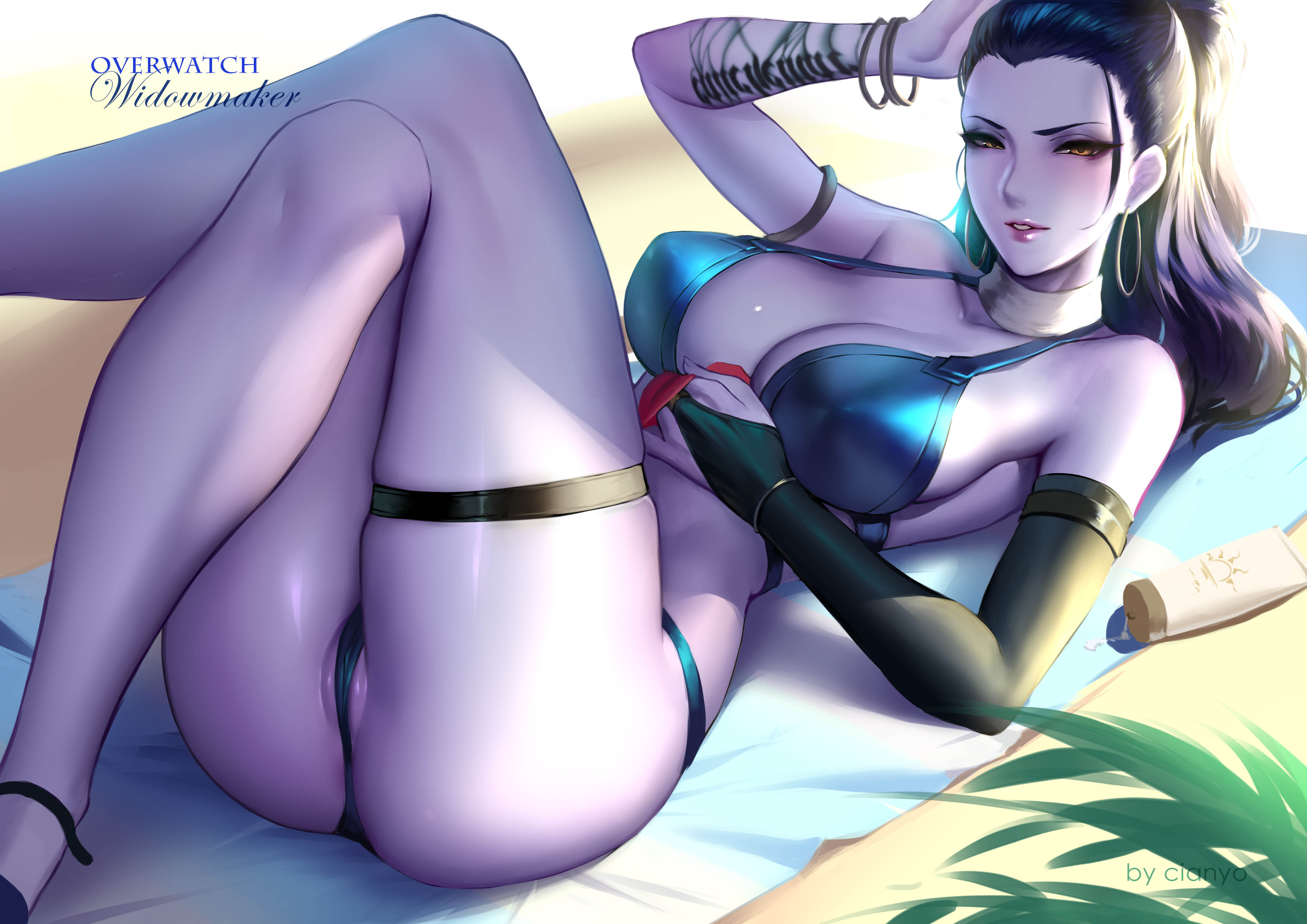 absurdres, alternate costume, big breasts, bikini, blizzard entertainment, breasts, cianyo, cleavage, cote d'azur widowmaker, female, female only, highres, large breasts, looking at viewer, overwatch, solo, widowmaker