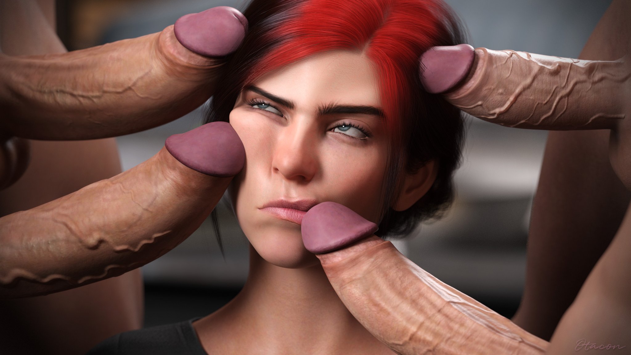 1girls, 3d, 4boys, annoyed, annoyed expression, big penis, female, legs, light skin, light-skinned female, multiple boys, multiple penises, otacon212, penis, penis on face, red hair, redline, spine (game), straight, surrounded, surrounded by penises, two-tone hair, veiny penis