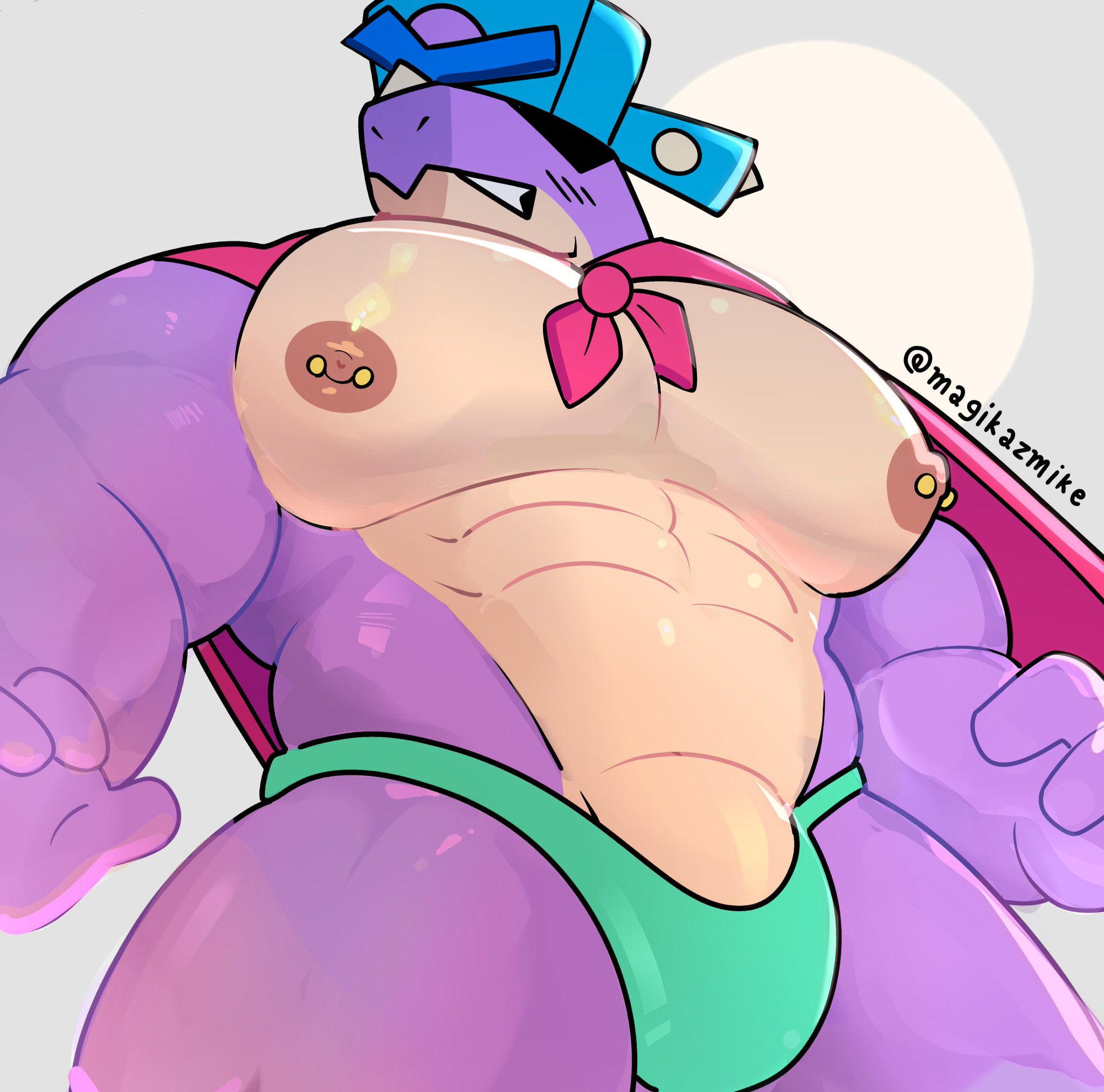1boy, 2d (artwork), artist request, artist signature, bara, brawl stars, bulge, dinosaur, male boobs, male only, muscular, nervous, nipple piercing, pierce (brawl stars), purple skin, solo, solo male, subtle blush, supercell, thong, twitter username