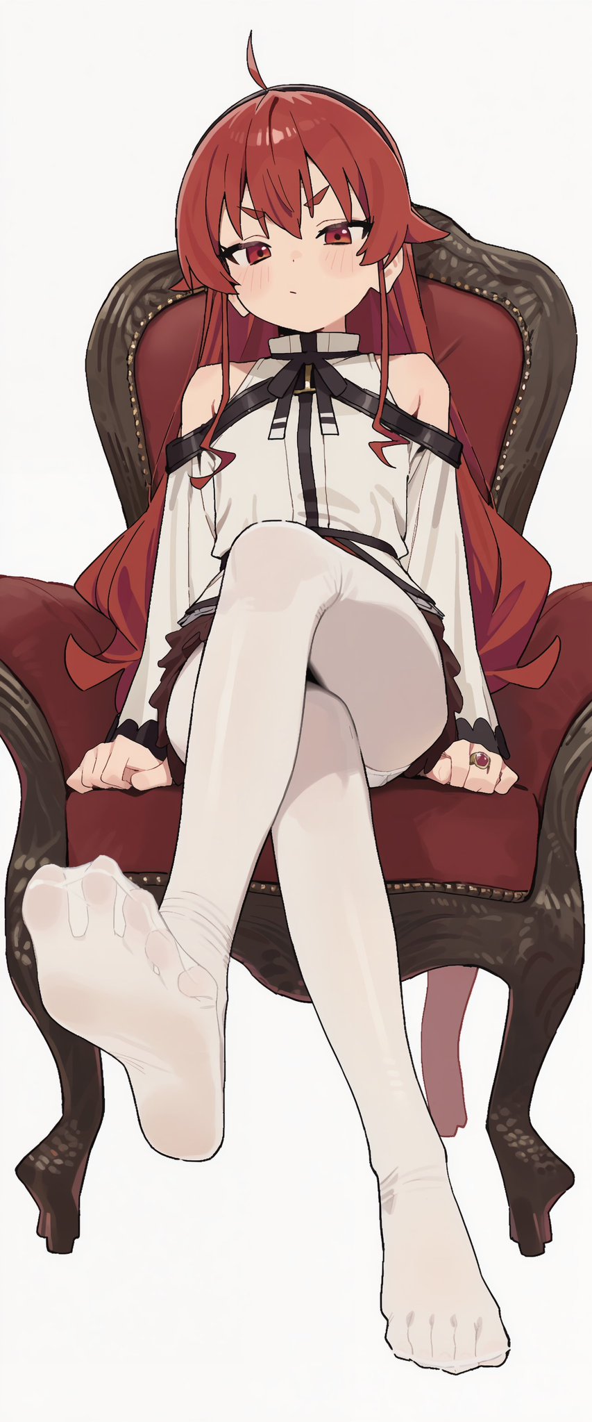 1girls, annoyed, blushing, eris greyrat, feet, female, female only, foot fetish, mushoku tensei, red eyes, red hair, solo, stocking