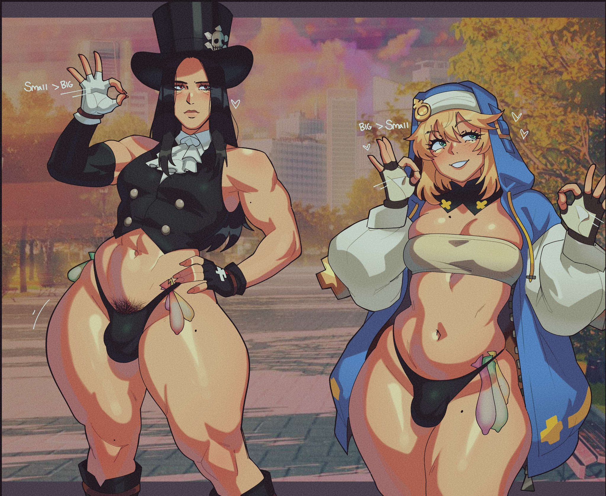 1dickgirl, 1girls, 1nonbinary, abs, black hair, blonde hair, bridget, bulge, bulge in panties, condom belt, guilty gear, guilty gear strive, hand on hip, handjob gesture, johnv, male only, muscular, muscular arms, non binary, penis in panties, penis size talk, pubic hair, pubic hair peek, size talk, testament (guilty gear), text, thick thighs, trans woman, transfem, used condom