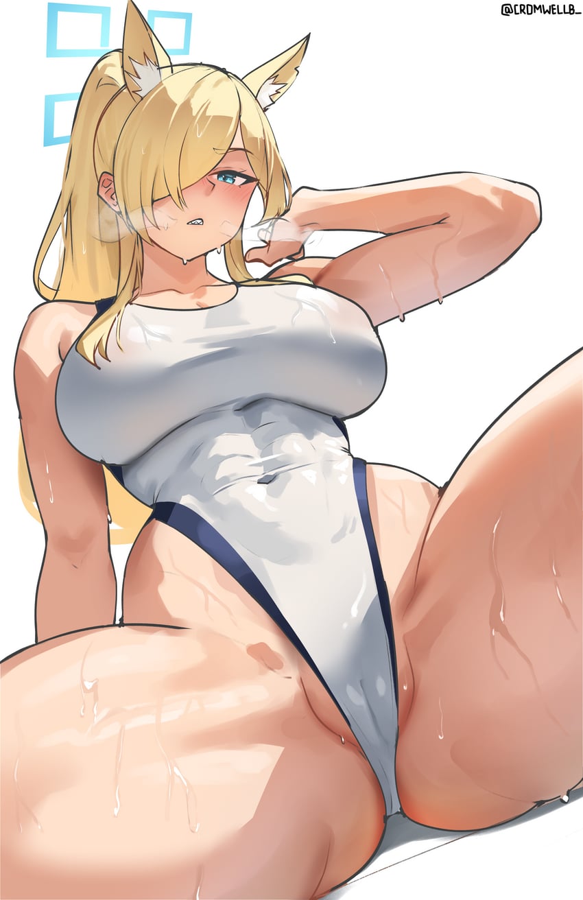 1girls, animal ears, blue archive, blue eyes, cromwellb, dog ears, dog girl, female, female only, kanna (blue archive), kanna (swimsuit) (blue archive), light skin, light-skinned female, long hair, public peace bureau (blue archive), pussy, solo, sweat, sweatdrop, swimming, swimsuit, valkyrie police school student, yellow hair