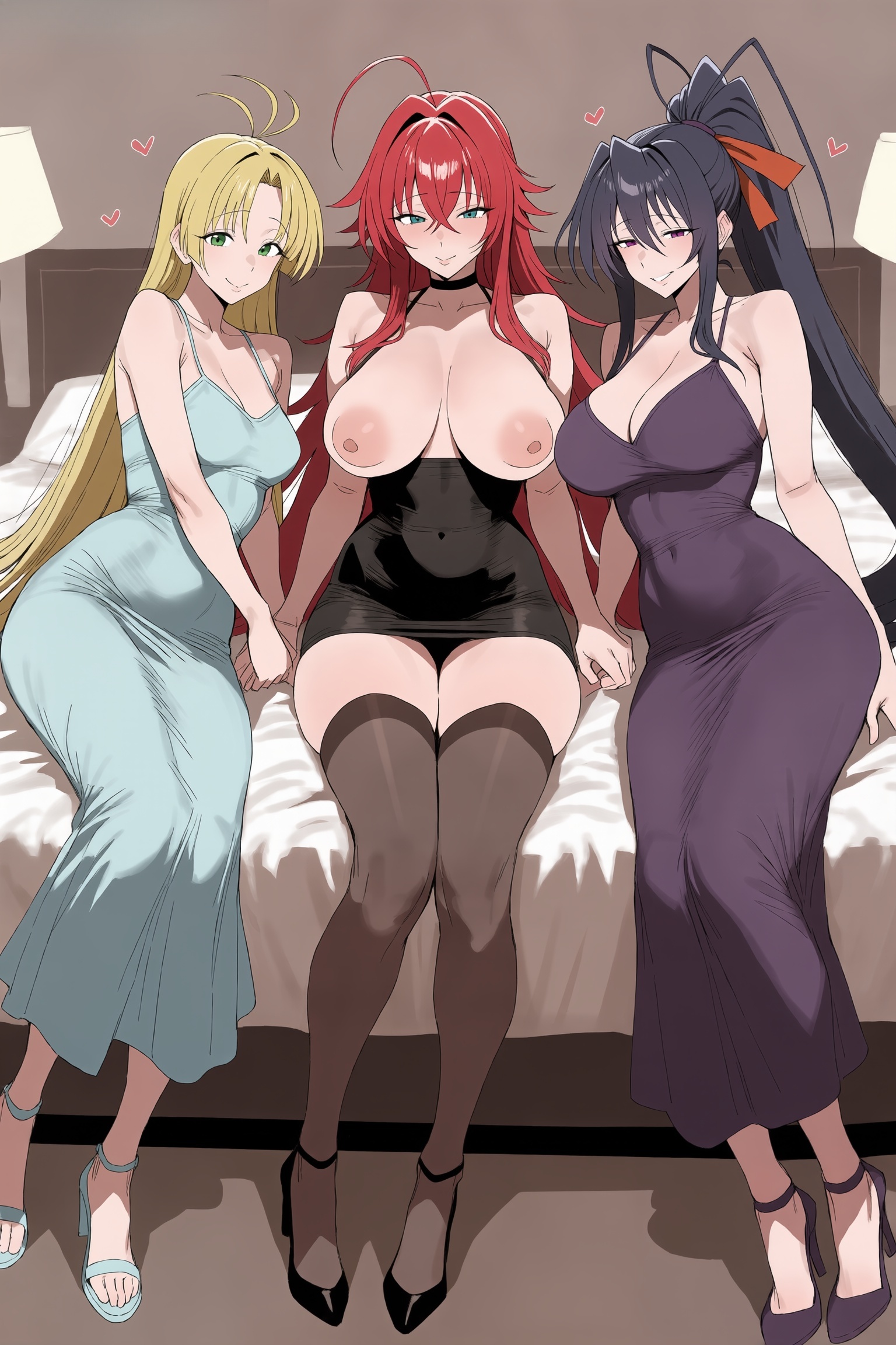 3girls, ahoge, ai generated, akeno himejima, antenna hair, asia argento, bangs, bare shoulders, bed, black hair, black legwear, blonde hair, blue eyes, blush, breasts, choker, cleavage, cocktail dress, collarbone, dress, green eyes, hair between eyes, hair ribbon, heart, hi res, high heels, high quality, high resolution, high school dxd, holding hands, large breasts, long hair, looking at viewer, multiple girls, nipples, one eye closed, patreon, ponytail, red hair, rias gremory, ribbon, sandals, seductive, sexy, sitting, sleeveless, sleeveless dress, smile, thighhighs, uncensored, very long hair