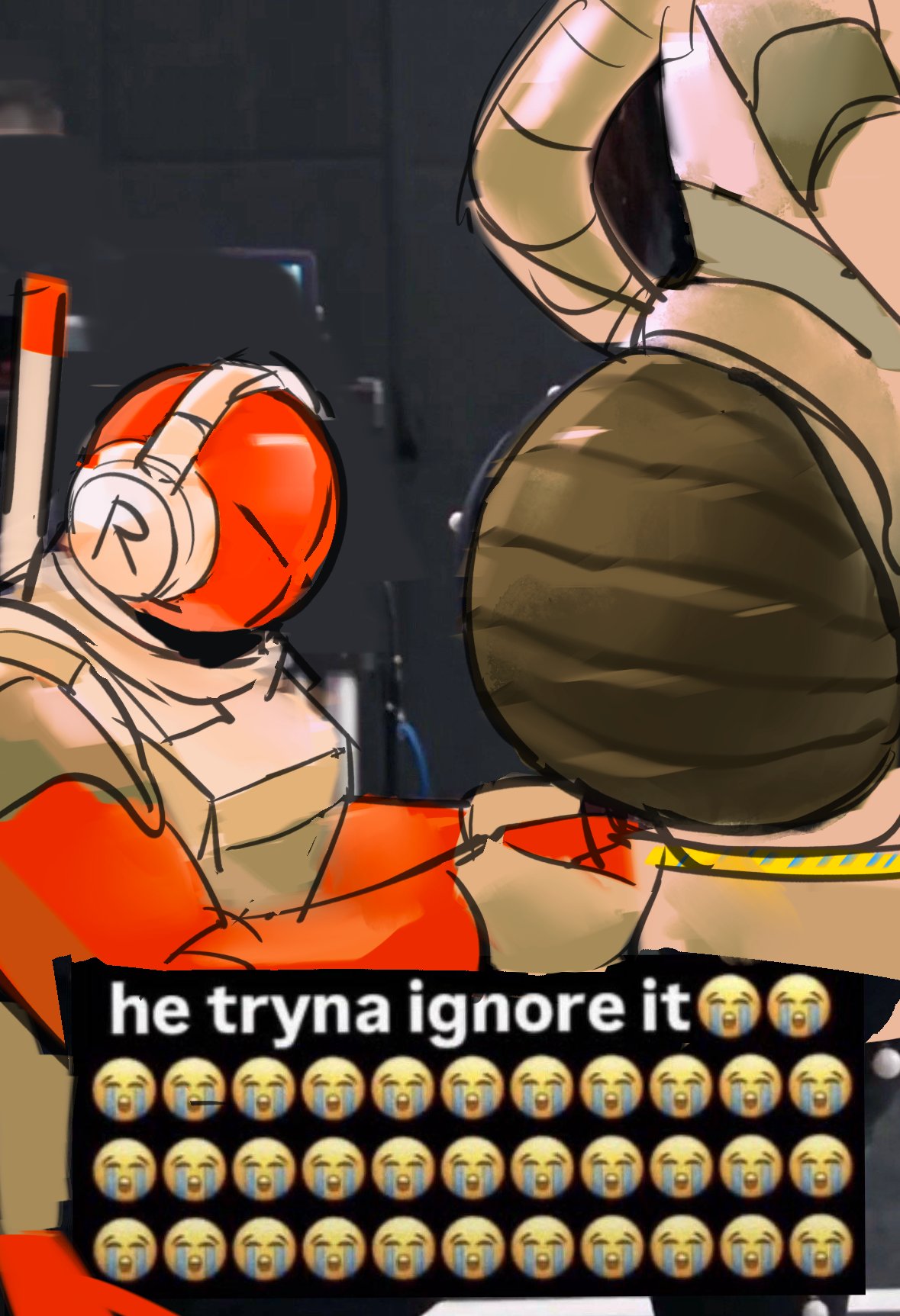2026, 2boys, 2d, android, ass, badware (die of death), big ass, big butt, colored, curvy, curvy ass, curvy butt, die of death (roblox), draw over, fat ass, fat butt, he tryna ignore it (meme), headphones, hivemindorg, humanoid, killdroid (die of death), male, male only, measuring, measuring tape, meme, red body, roblox, roblox game, robot, robot humanoid, robot only, side view, tape measure