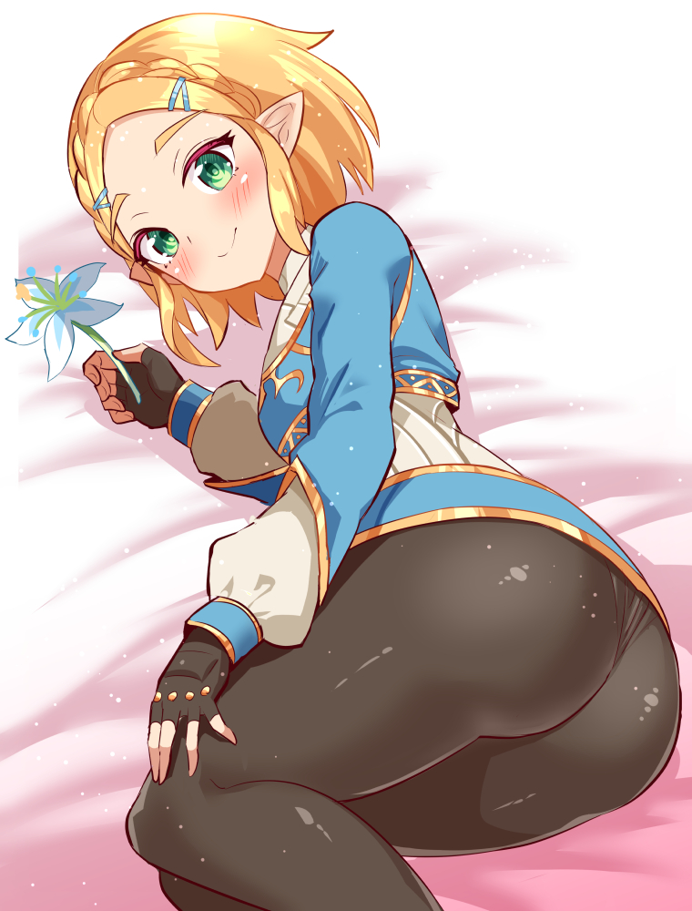 1girl, ass, ass focus, black pantyhose, blonde hair, blush, braid, cougar (cougar1404), dress, fingerless gloves, flower, from side, gloves, green eyes, hair ornament, hairclip, holding, holding flower, multicolored dress, nintendo, on bed, pantyhose, pointy ears, princess zelda, short hair, solo, the legend of zelda, the legend of zelda: breath of the wild