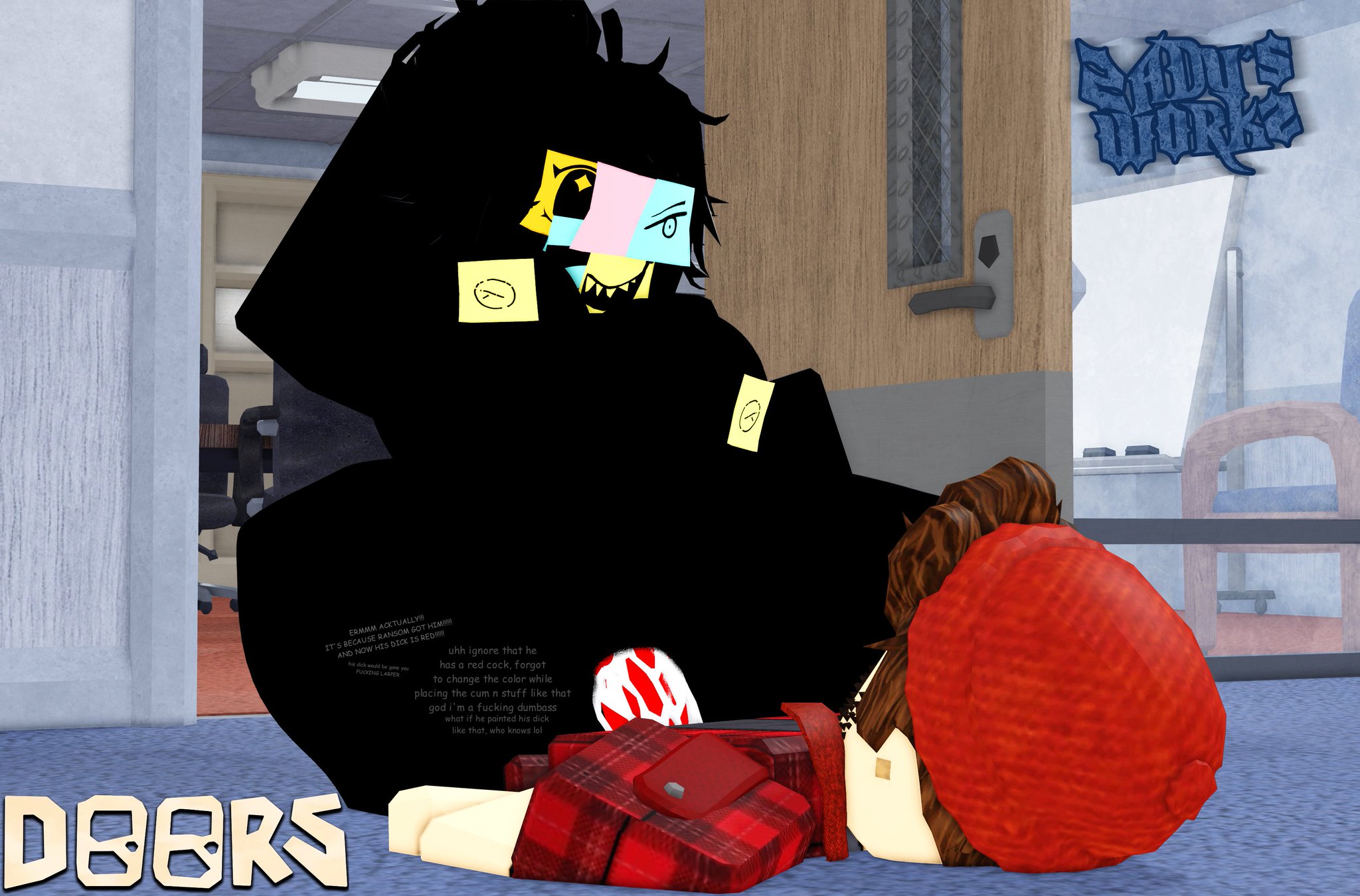 1boy, 1girl1boy, 1girls, 3d, 3d artwork, artist name, black body, copyright name, doors (roblox), female, female focus, female on top, missing tags, roblox, roblox game, robloxian, tagme, the drones (doors), vaginal penetration, zaduworkz