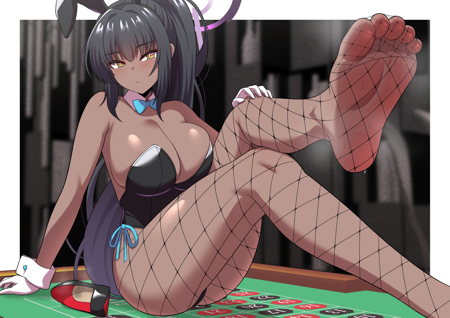 1girl, animal ears, bare shoulders, black hair, black leotard, blue archive, blue bow, blue bowtie, border, bow, bowtie, breasts, cleaning & clearing (blue archive), cleavage, closed mouth, commentary request, dark skin, dark-skinned female, detached collar, fake animal ears, feet, fishnet pantyhose, fishnets, foot focus, gloves, halo, indoors, jkisaradu, karin (blue archive), leotard, long hair, millennium science school student, on table, pantyhose, playboy bunny, purple halo, roulette table, shoes, sitting, smell, soles, solo, steaming body, sweatdrop, sweaty feet, table, toes, unworn shoes, white border, white gloves, wrist cuffs, yellow eyes