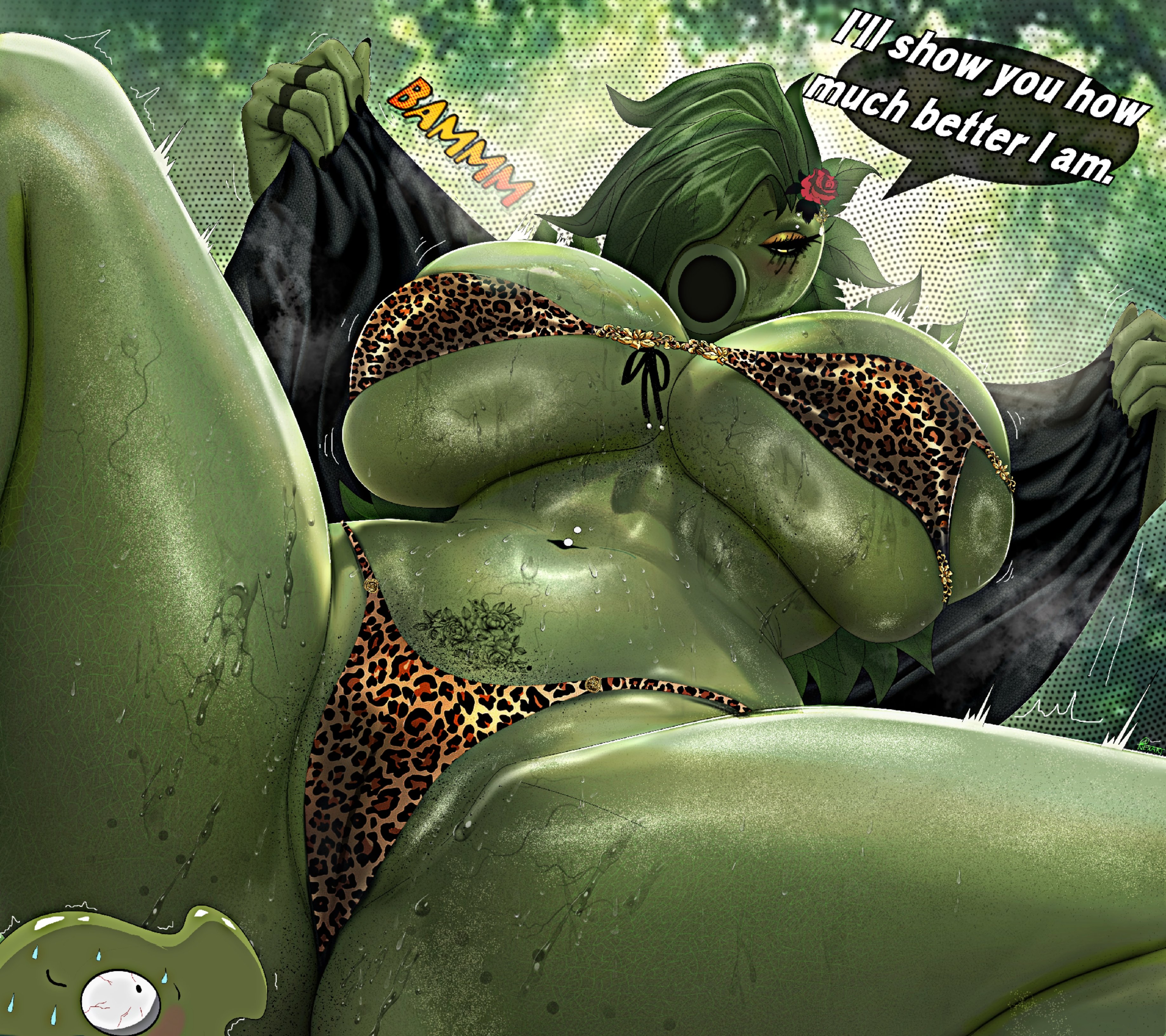1boy, 1girls, 2026, anthro, ass, before sex, big ass, big breasts, big thighs, bikini, breasts, dialogue, electronic arts, female, flora fauna, freckles, gigantic ass, gigantic breasts, gigantic thighs, huge ass, huge breasts, huge thighs, hyper, hyper ass, hyper breasts, hyper thighs, imminent sex, leopard print, leopard print bikini, looking at viewer, male, netxart, peablaze (leafpaw), peashooter (pvz), penis, plant, plant girl, plant humanoid, plantie, plants vs zombies, plants vs. zombies, popcap, popcap games, pussy, pvz, size difference, smaller male, tall female, taller female, text, thick thighs, thighs, video game, video game character, wet body, wet skin, yellow eyes