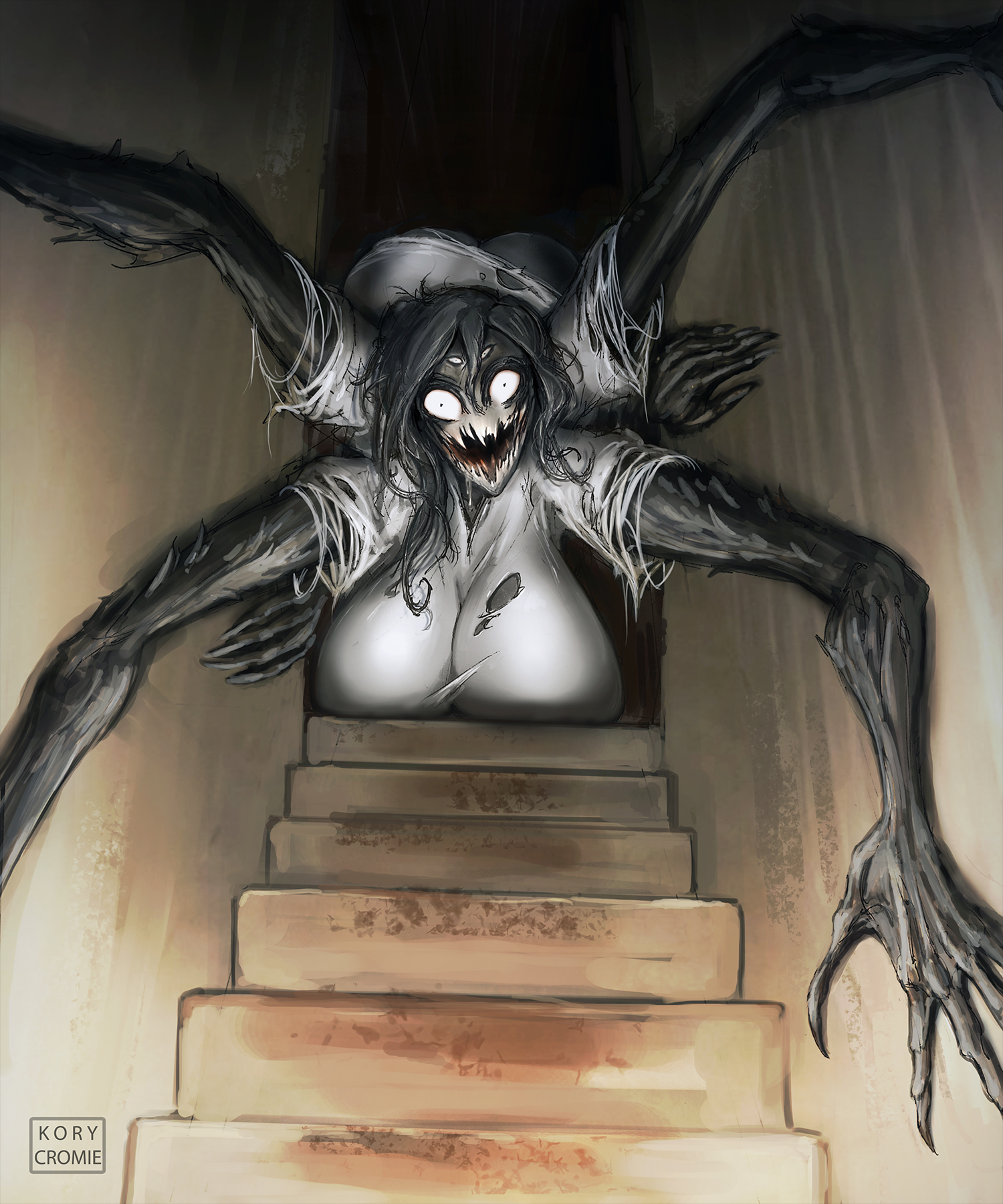1girl, 1girls, arachnid, arachnid humanoid, ass, big ass, big breasts, black hair, bottomless female, breasts, female, horror, huge ass, huge breasts, kory cromie, looking at viewer, monster girl, nightmare waifu, original, ripped clothing, sharp claws, sharp teeth, spider, spider girl, stairs, tarantula, top-down bottom-up, wide eyed