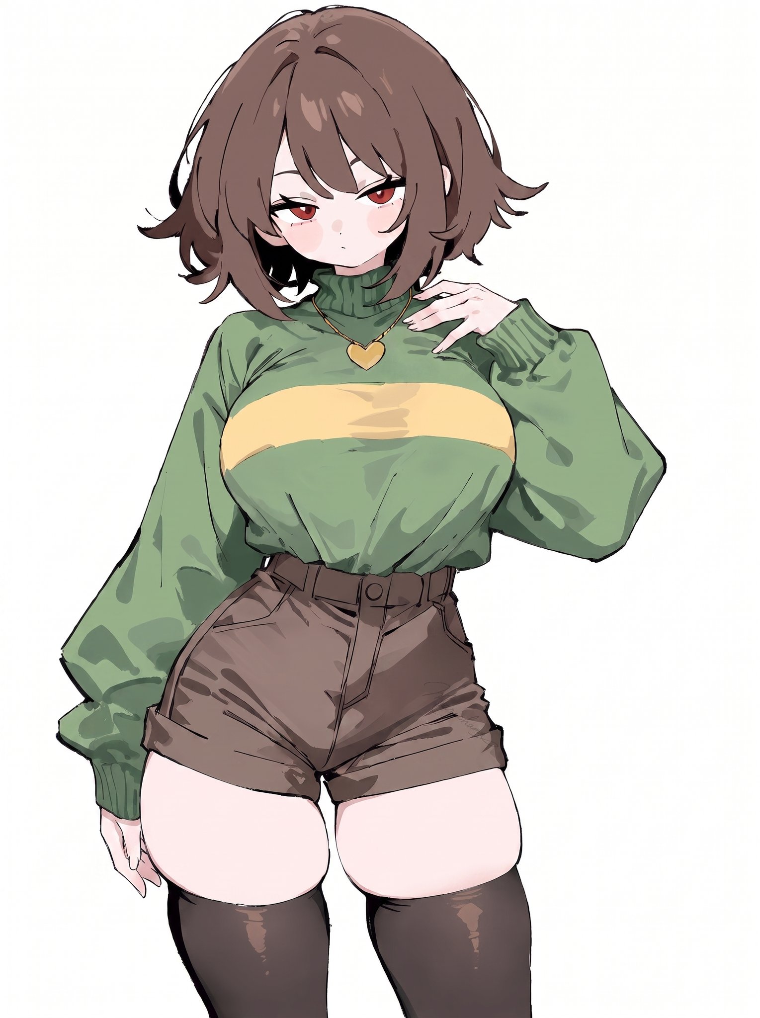 ai generated, brown hair, chara, chara (undertale), female chara, heart locket, high-waist shorts, large breasts, marichama, red eyes, shorts, skindentation, sweater, tagme, thick thighs, thighhighs, undertale, undertale (series), wide hips