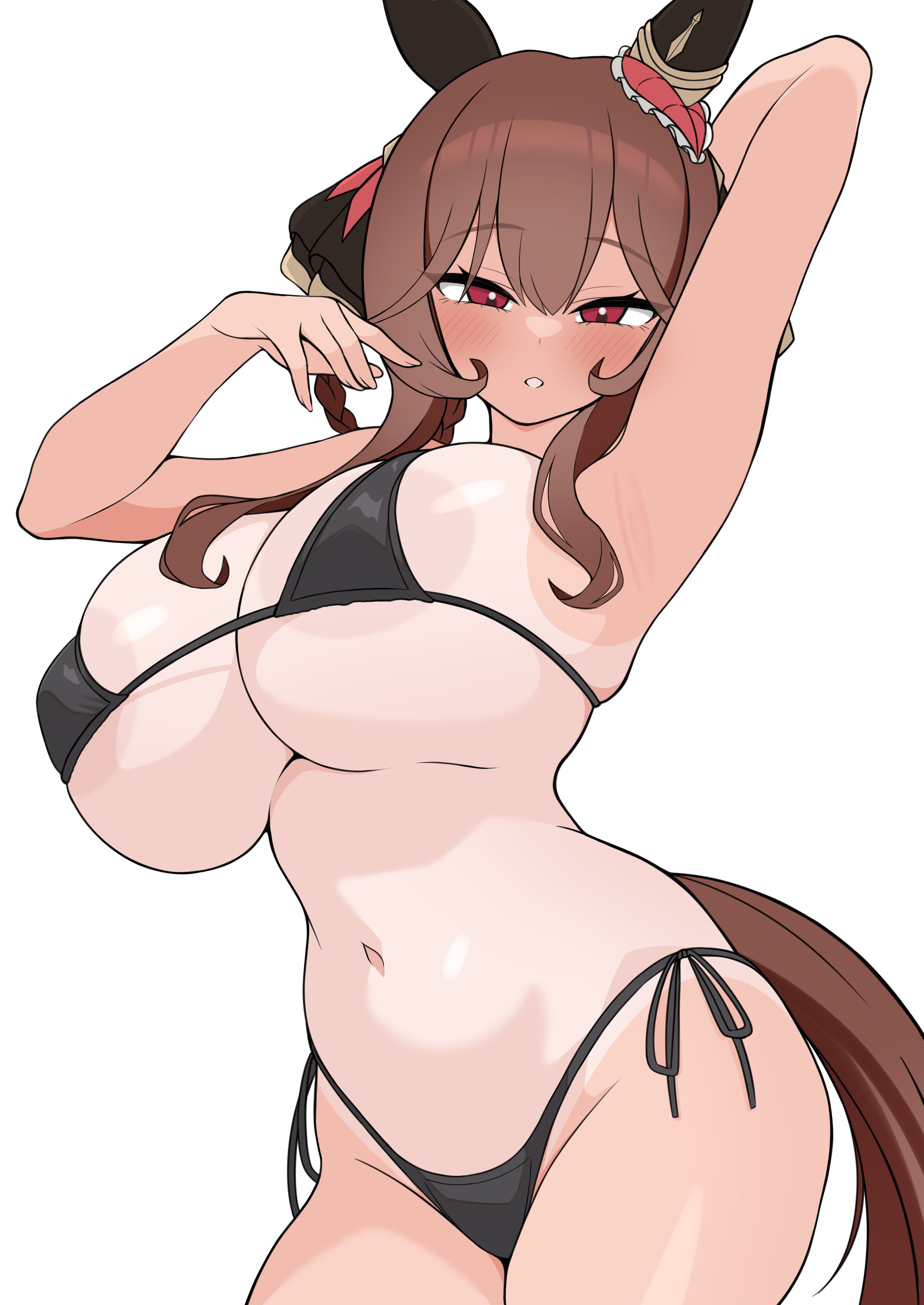 bikini, breasts, brown hair, female, gentildonna (umamusume), hair, long hair, looking at viewer, puchimosu (mosu1427), tagme, umamusume