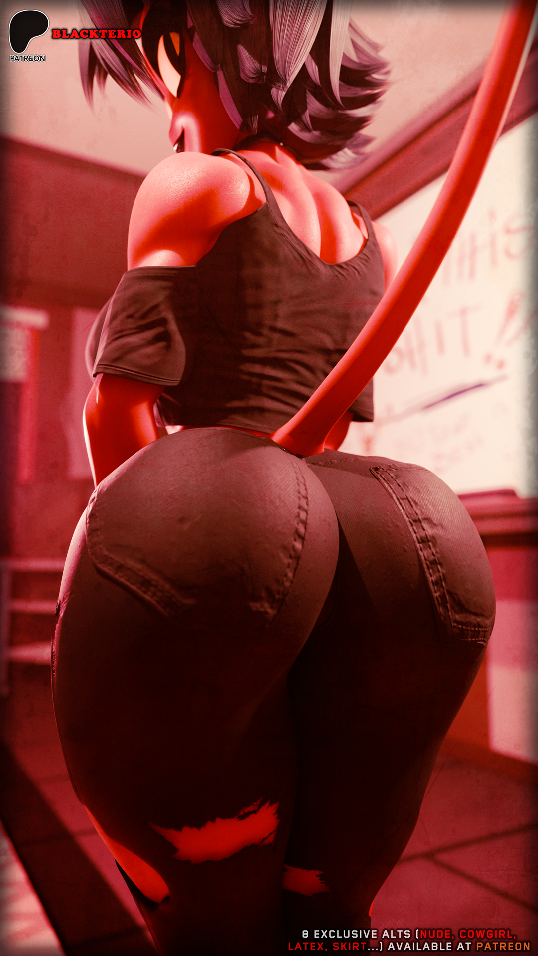 3d, 3d (artwork), 3d model, 3d render, alternate version available, ass, ass bigger than head, big ass, big butt, black hair, black pants, blackterio, butt, clothed, clothed female, female, female only, helluva boss, imp, millie (helluva boss), pants, red body, samzan (modeler), tagme, tail, thick ass, thick legs, thick thighs, thighs, tight clothing, tight fit, tight pants