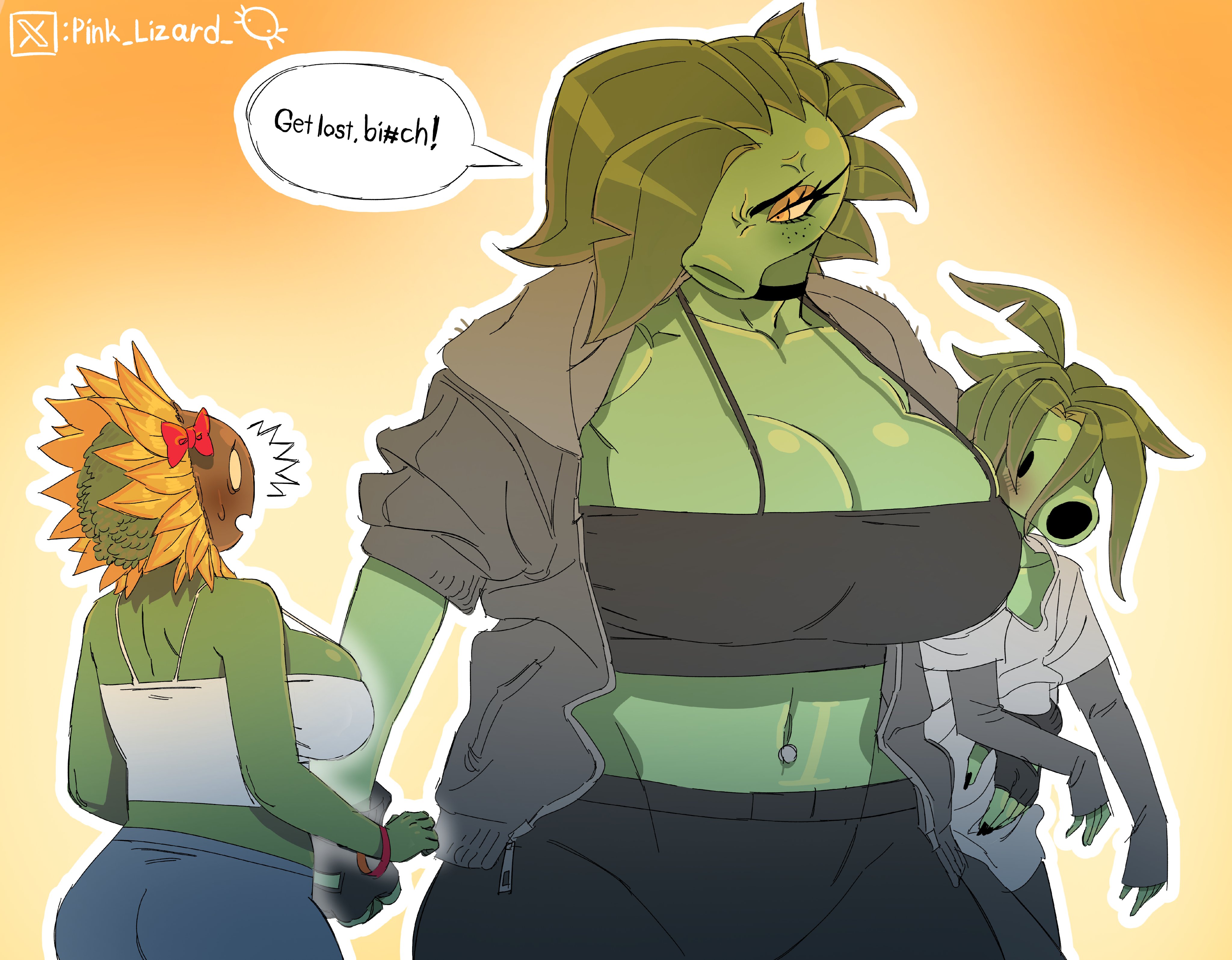 1boy, 2026, 2girls, anthro, artist request, ass, big ass, big breasts, big thighs, breasts, dialogue, electronic arts, female, female focus, flora fauna, freckles, gigantic ass, gigantic breasts, gigantic thighs, huge ass, huge breasts, huge thighs, male, peablaze (leafpaw), peashooter (pvz), plant, plant girl, plant humanoid, plantie, plants vs zombies, plants vs. zombies, popcap, popcap games, pvz, size difference, smaller male, sunflower, sunflower (pvz), tall female, taller female, text, thick thighs, thighs, video game, video game character, yellow eyes