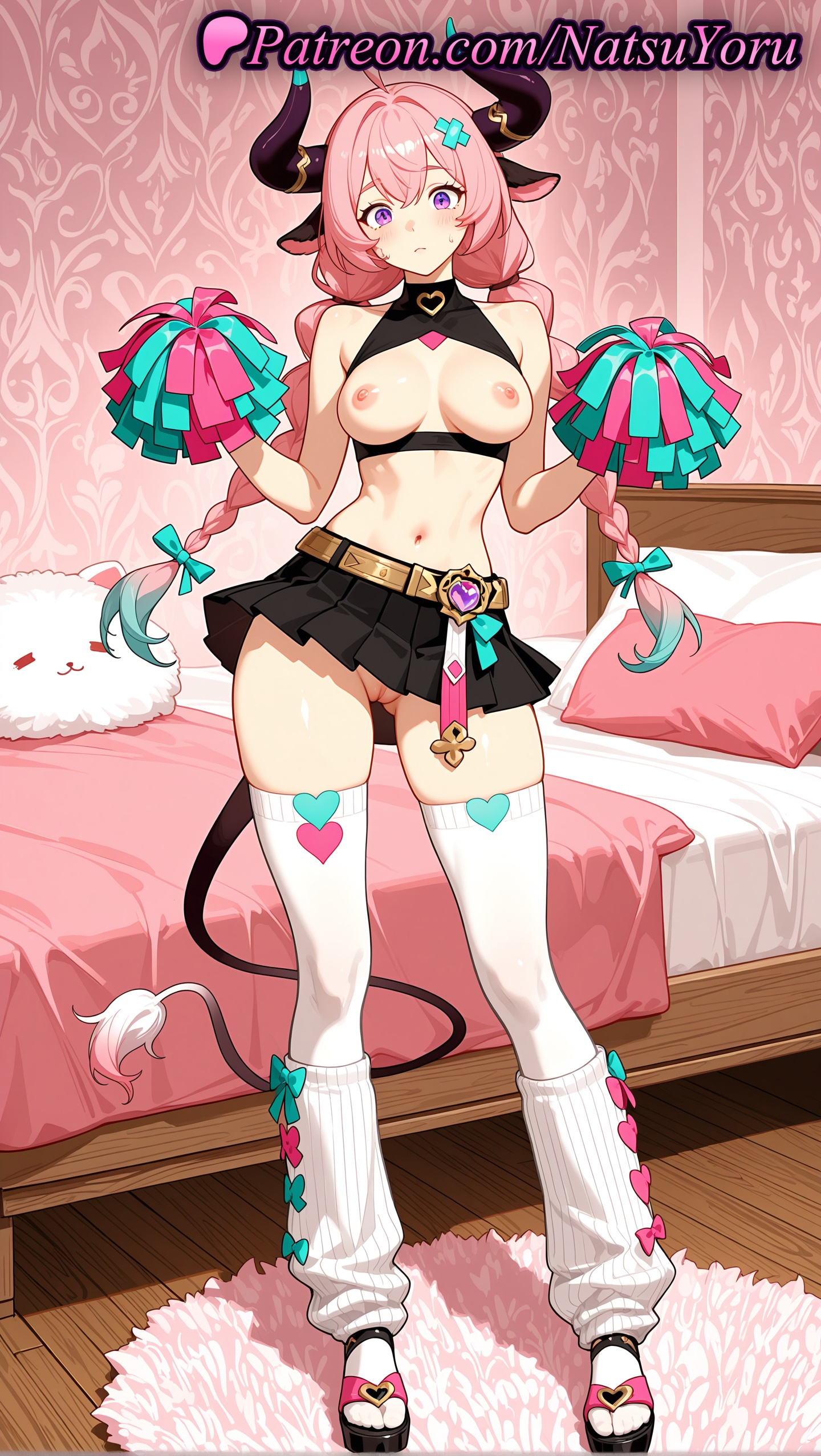 1girls, 2025, ahoge, ai generated, animal ears, bed, belt, black skirt, braid, breasts, cheerleader, cow ears, cow tail, crop top, female, full body, genshin impact, heart, hi res, highres, holding, holding pom poms, horns, hoyoverse, long hair, looking at viewer, loose socks, medium breasts, mihoyo, mihoyo technology (shanghai) co. ltd., natsuyoru, navel, nipples, patreon, pink hair, pleated skirt, pom pom (cheerleading), purple eyes, pussy, skirt, solo, standing, tail, thighhighs, twin braids, varesa (genshin impact), voluptuous, voluptuous female, white thighhighs
