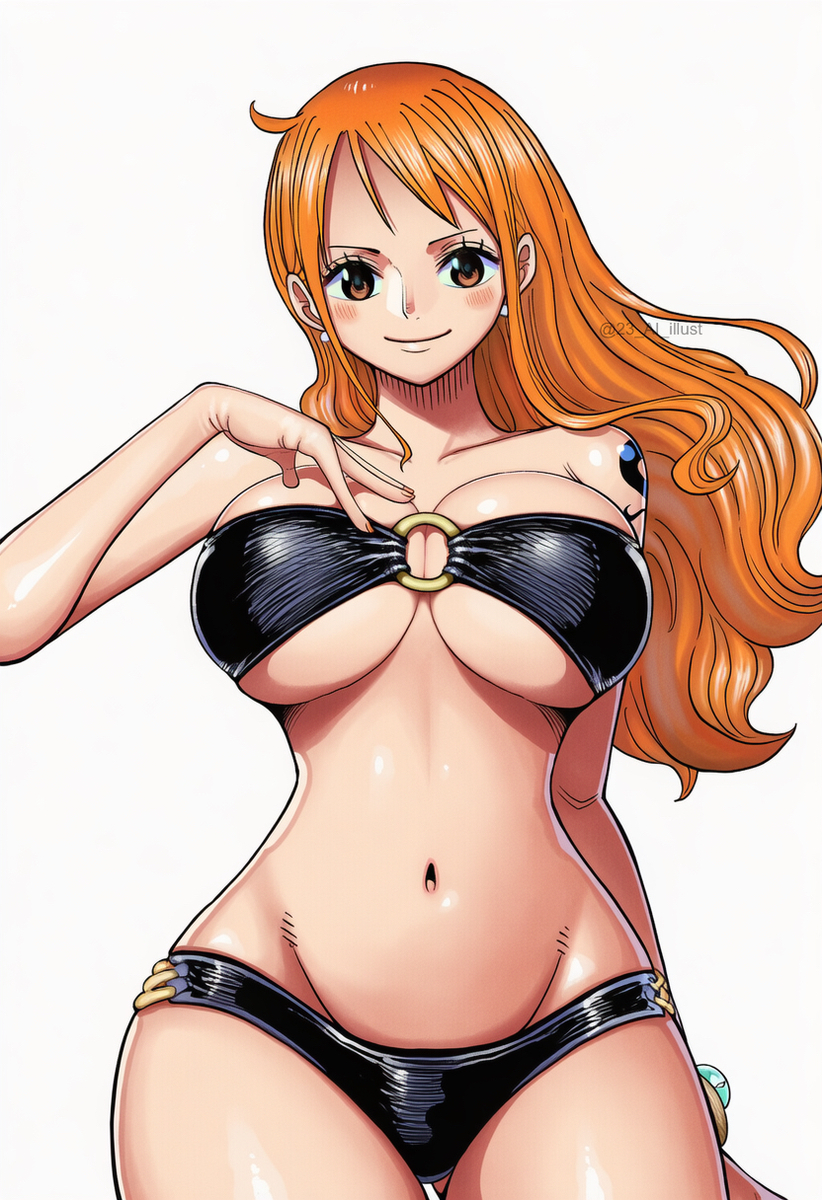 1girls, 23 ai illust, accurate art style, ai generated, arm tattoo, artist name, big ass, big breasts, bikini, black tattoo, blush, breasts, female, female only, large hips, linea alba, long hair, looking at viewer, manga style, nami (one piece), one piece, orange eyes, orange hair, orange-haired female, seductive, sexy, tattoo, touching breast, white background