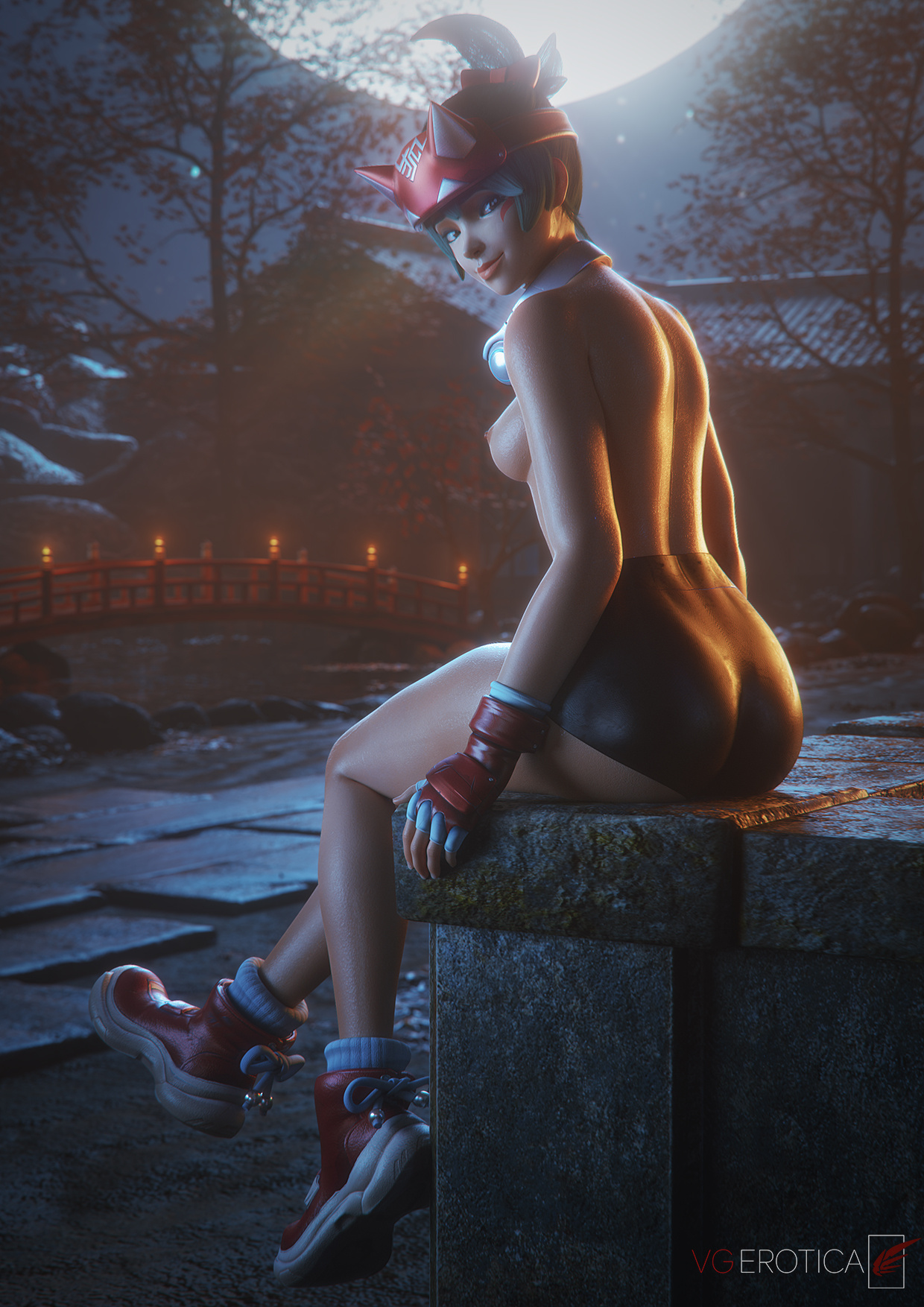 1girls, 2025, 3d, 3d (artwork), asian, asian female, ass, big ass, blender, blizzard entertainment, breasts, bubble ass, bubble butt, detailed background, dolphin shorts, face markings, facial markings, female, female focus, female only, headband, headphones, headwear, hi res, highres, japanese, japanese female, kiriko (overwatch), kiriko kamori, looking at viewer, looking back, medium breasts, nipples, overwatch, pose, posing, shorts, showing off, sideboob, sitting, sunlight, sunset, thick ass, thick thighs, topless, vgerotica, watermark