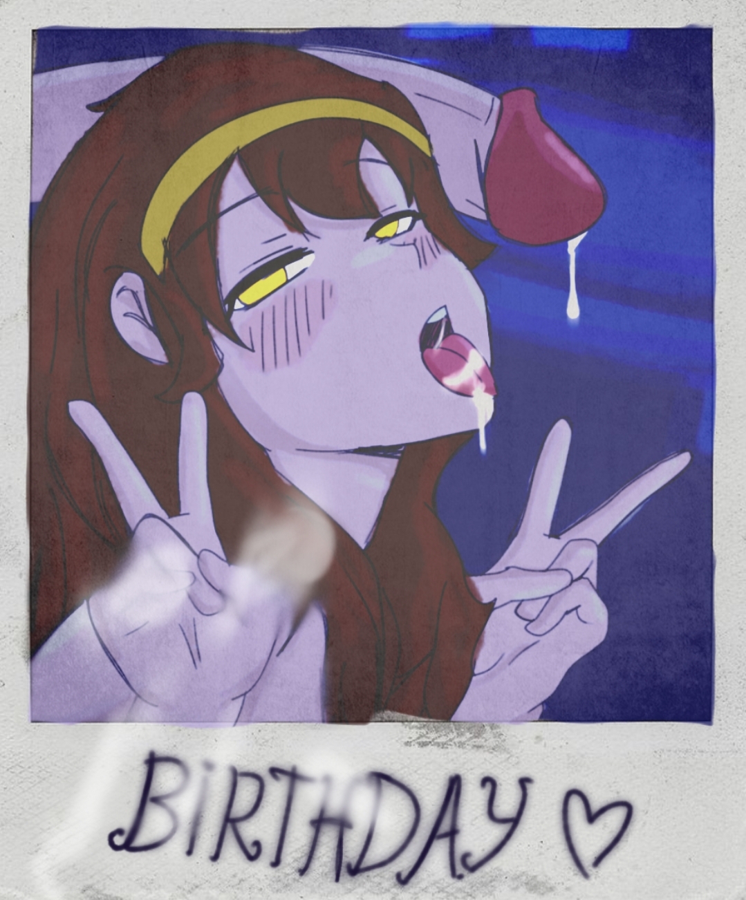 1girls, 2d, birthday, birthday blowjob, birthday sex, blush, cum, cum in mouth, cum on tongue, cum stain, cum stains, don't starve, don't starve (series), double peace sign, dripping cum, dvgmedia, english text, female, futanari, gift art, headband, intersex, male, photo, polaroid, polaroid photo, rndmpa, terra (oc), text, unseen male face, v, youtube, youtuber