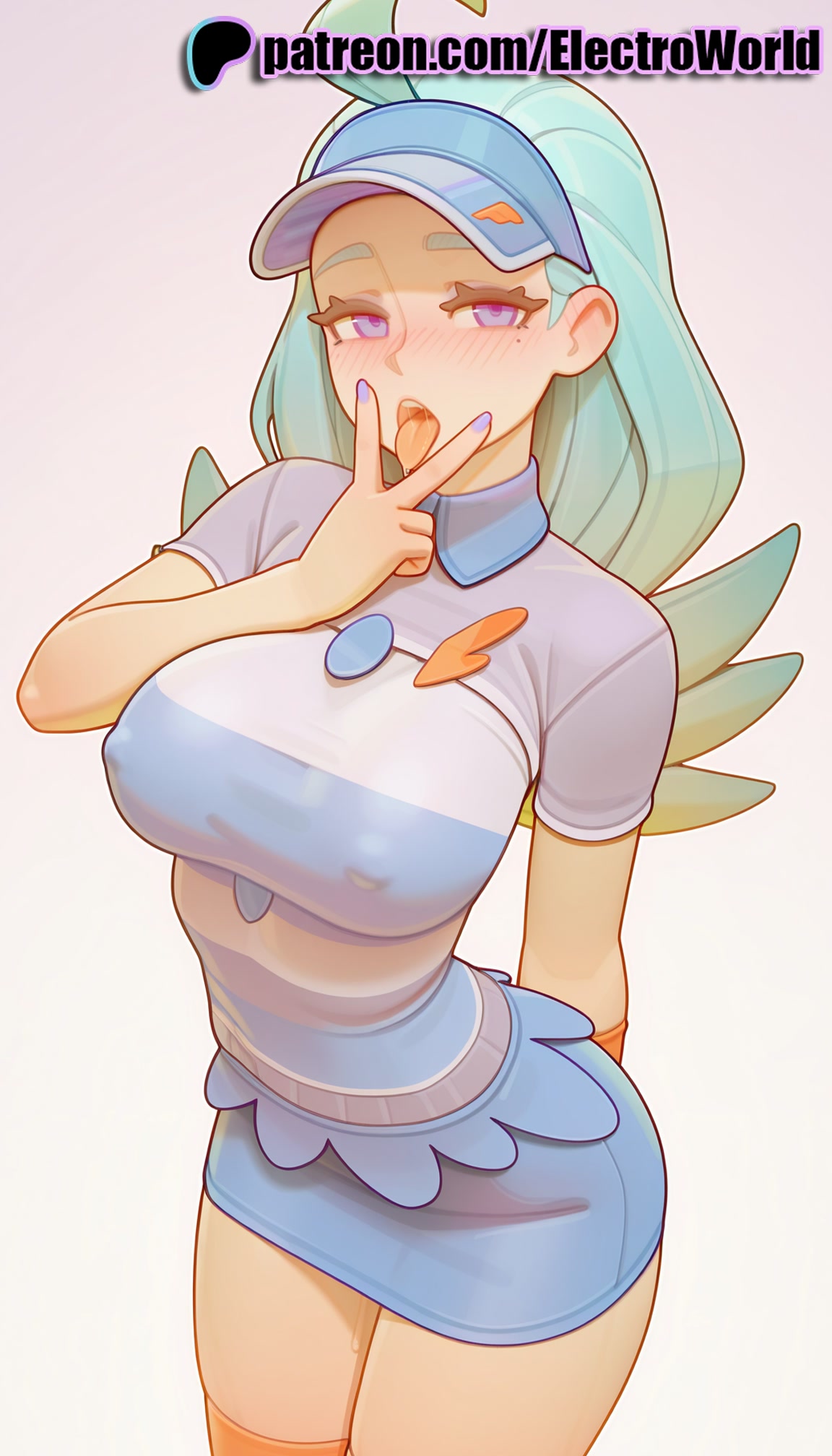 1girls, 2025, ai generated, artist name, blush, breasts, bust, chest, electroworld, female, gradient, gradient background, hi res, high quality, high resolution, highres, kahili (pokemon), long hair, looking at viewer, mole, mole under eye, patreon, patreon username, pokemon, purple eyes, solo, stable diffusion, thighhighs, visor cap, watermark