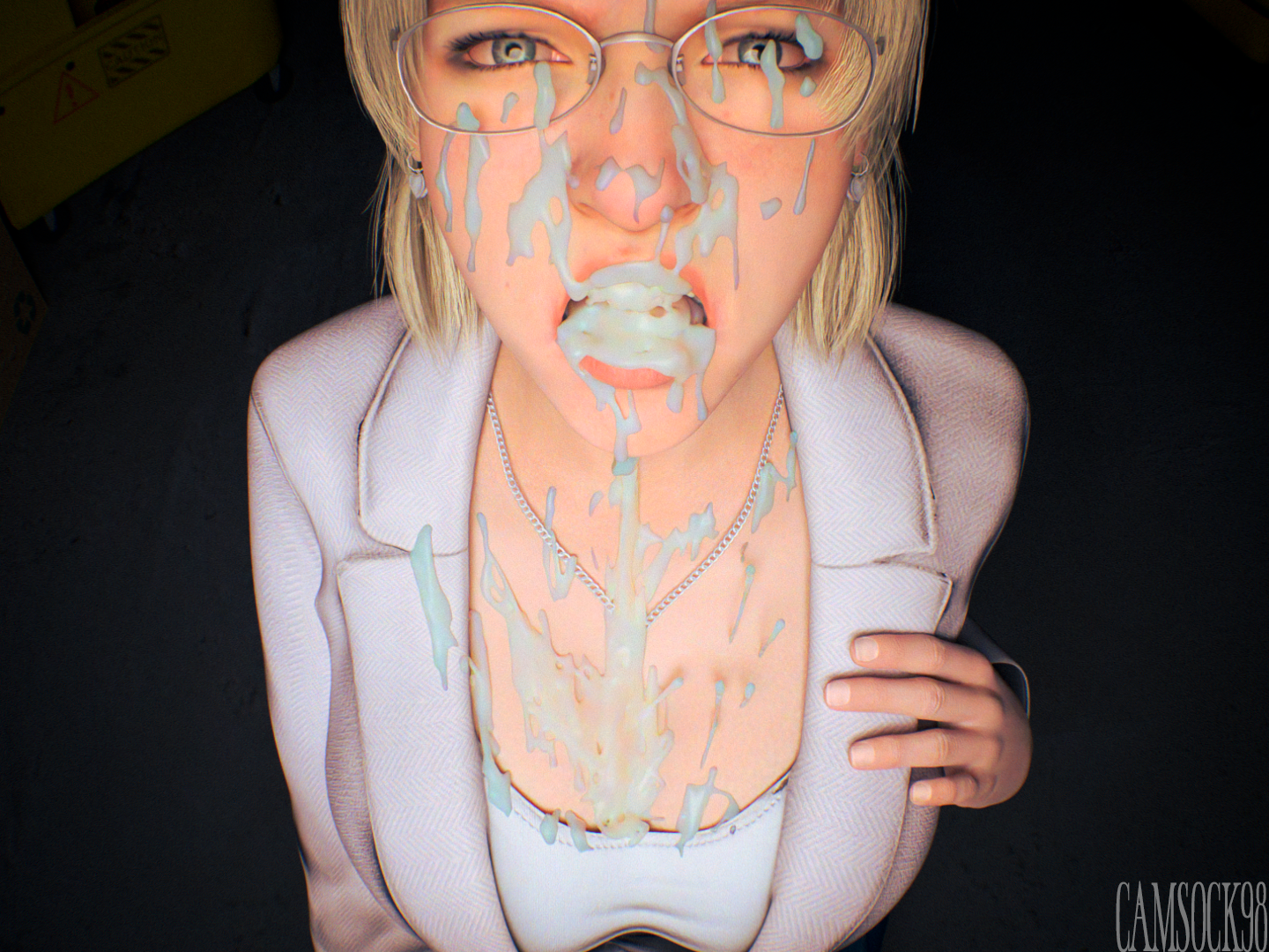 1girls, 3d, angry face, bukkake, camsock98, cum in mouth, cum on face, dead rising, dead rising (series), excessive cum, female, jessica mccarney, open mouth, solo female, white body, white hair